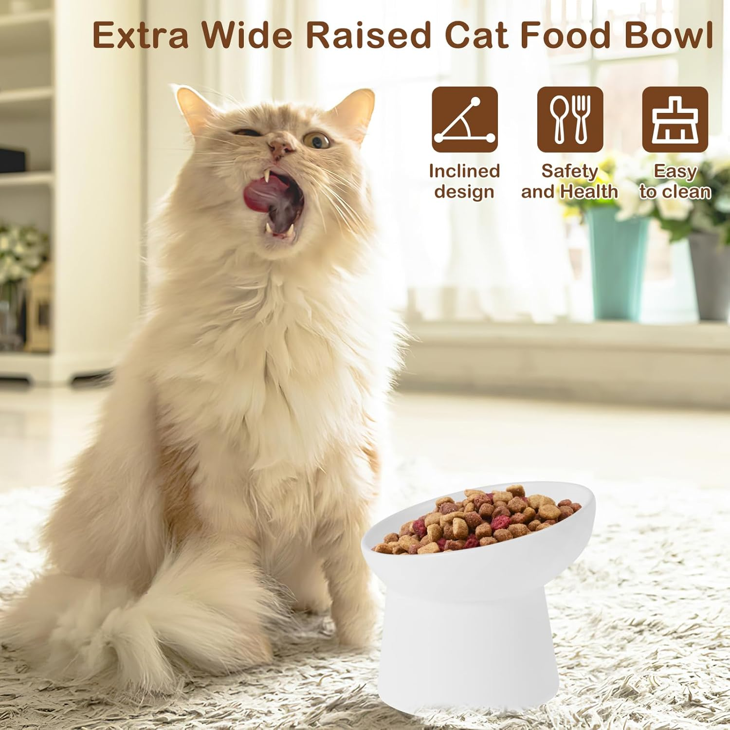 Raised Cat Food Bowl Ceramic Elevated Cat Bowls Extra Wide Tilted Pet Bowl for Food and Water Shallow Cat Food Dish Protect Spine Dishwasher and Microwave Safe Great Height for Dog Kitten image number 6