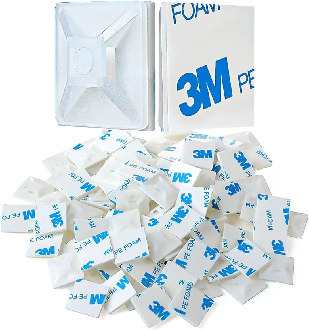 XHF 100 PCS 3/4" White Self Adhesive Cable Zip Tie Mounts Wire Cable Clips Holders Management Anchors Organizer Holders Squares(Hs-101S)