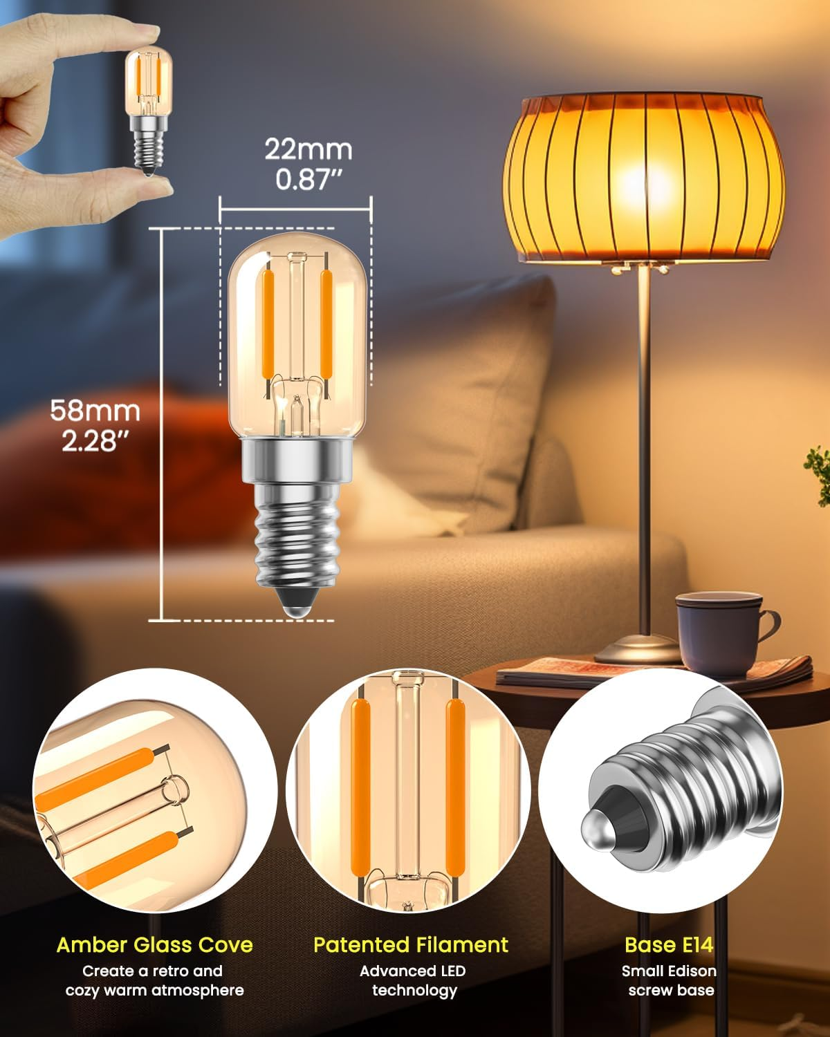 Tobebright 1W E14 LED Bulbs Vintage, Amber Glass E14 LED Filament Bulb, Soft Light Warm White 2200K, SES Small Screw Bulbs, T22 Tubular Glass Bulb, 10W-15W Equivalent, Non-Dimmable, 2 Pack image number 5