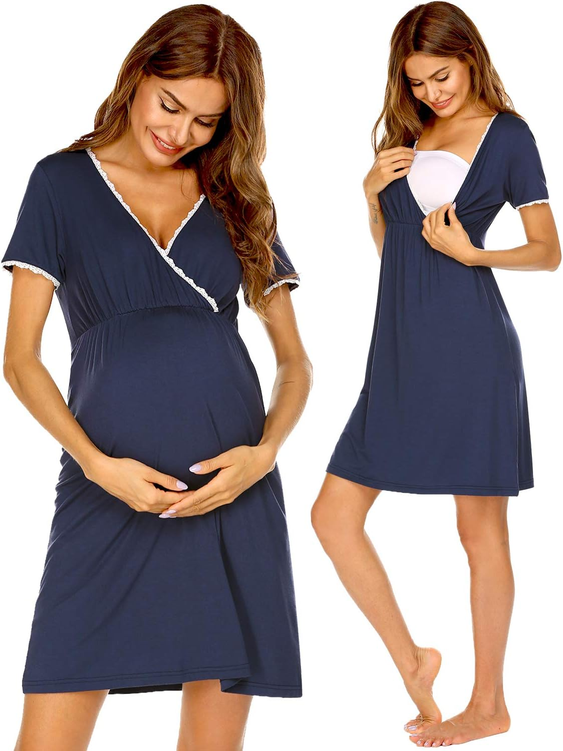 Ekouaer Maternity Nursing Dress Breastfeeding Nightgown Pregnant Pajamas Sleepwear Labor Gown Clothes