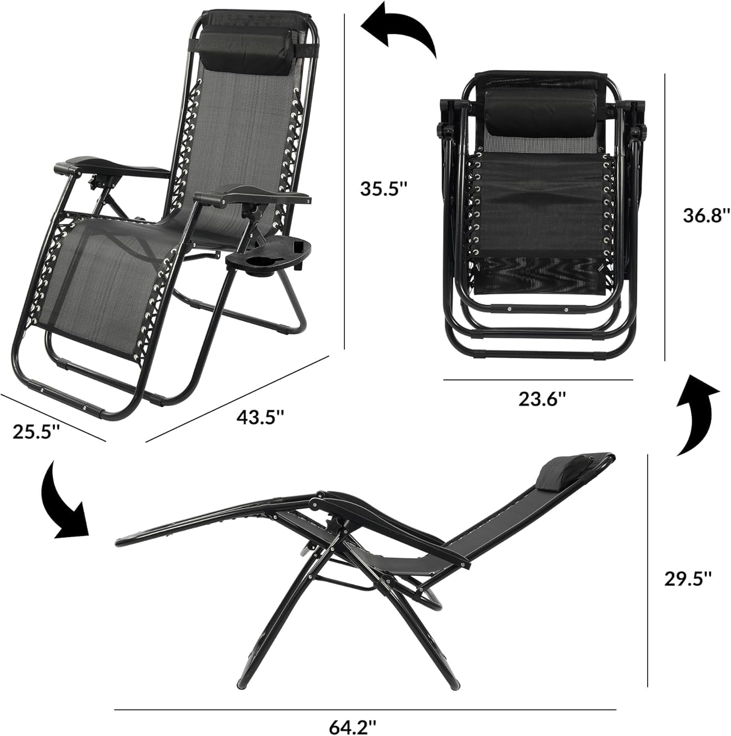 Zero Gravity Chairs, Adjustable Folding Lawn Chair with Pillow and Cup Holder Trays, Outdoor anti Gravity Reclining Lounge Chair, for Poolside, Lawn, Beach, Camping, Black (1 Pack) - Black image number 5