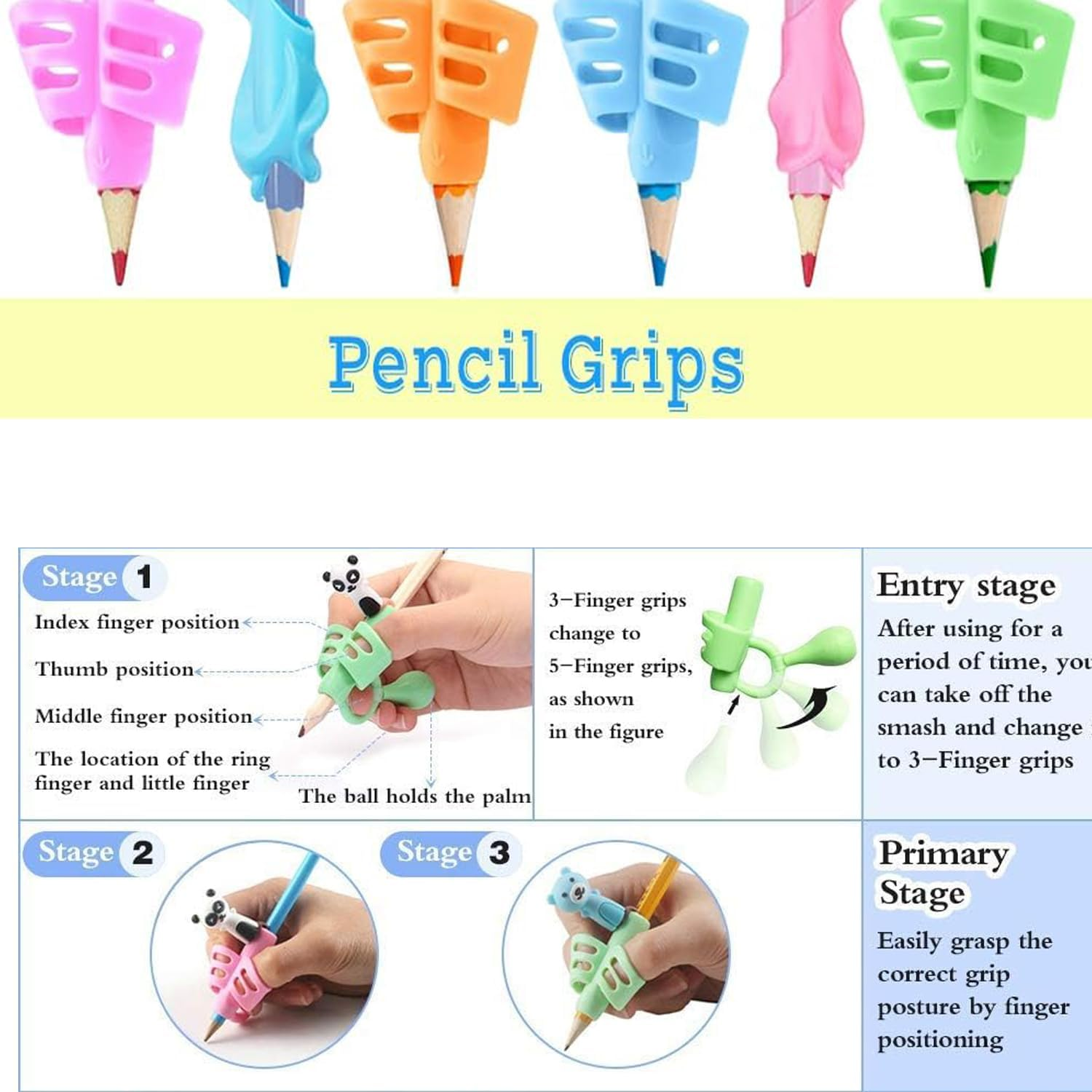 6 Pcs Pencil Grips for Handwriting,Pen Grips Trainer for Kindergarten Children Adults,Finger Grip Posture Correction for Handwriting,Drawing,Coloring,Suitable for Ergonomic Right or Left-Handed Use image number 4