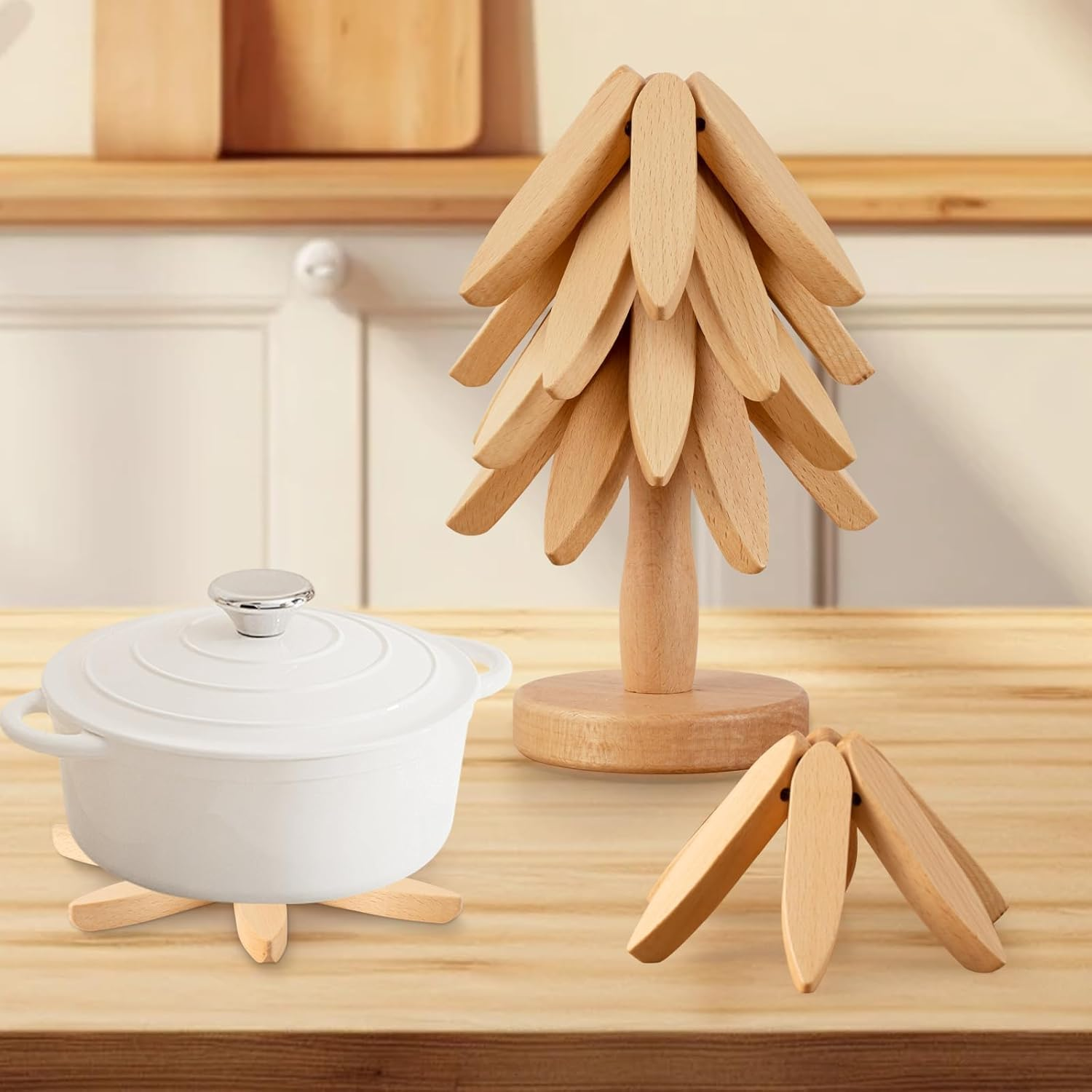 Wooden Trivets for Hot Dishes,Tree Shape Trivet Set,Natural Foldable Kitchen Wooden Trivet,For Hot Dishes、Pot、Bowl、Teapot、Hot Pot Holders (Beech) image number 4