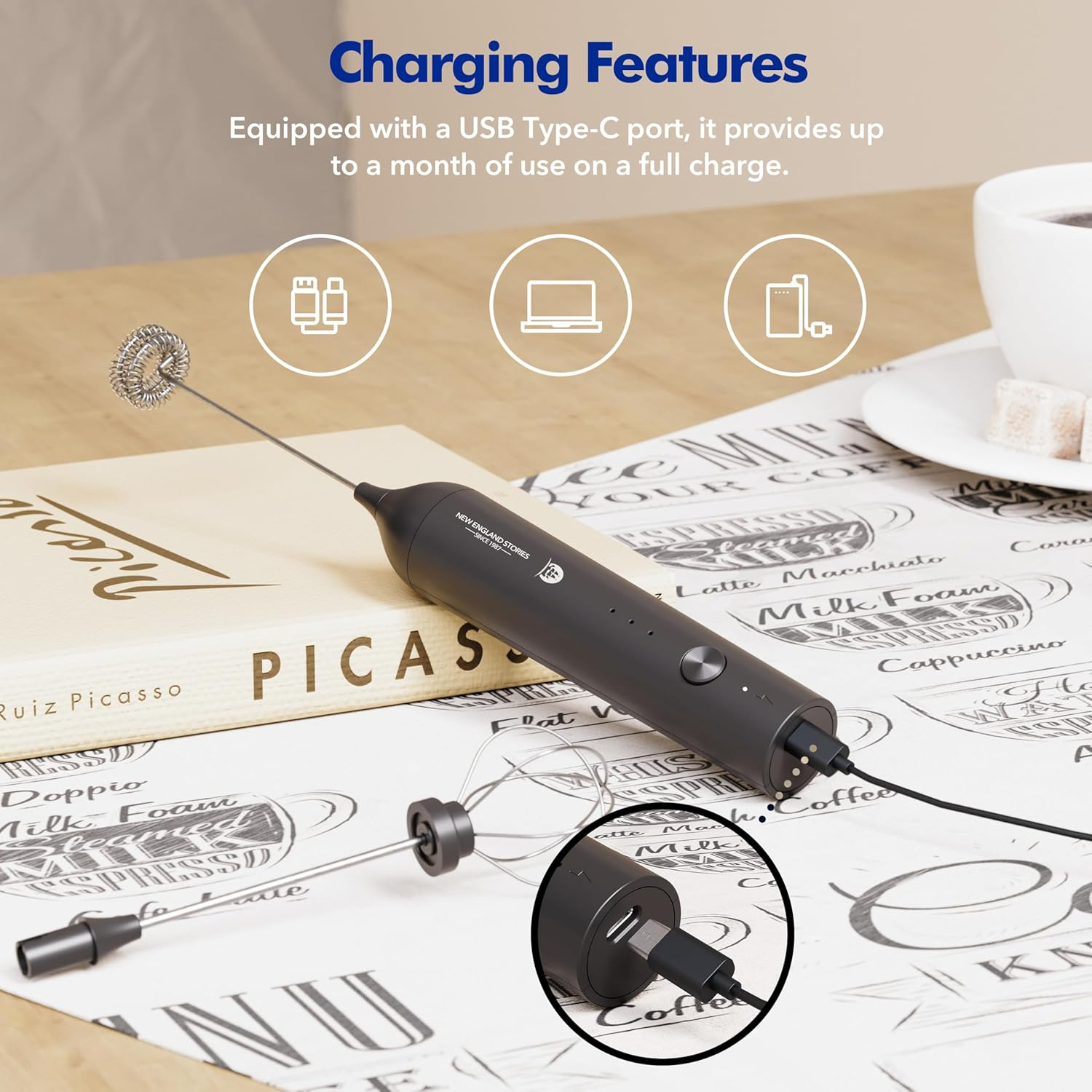 Rechargeable Mlik Frother Wand with Stand, Foam Maker with Stainless Whisk, 3-Speeds Electric Handheld Drink Mixer for Coffee, Cappuccino, Latte, Matcha, Hot Chocolate (Black) image number 6