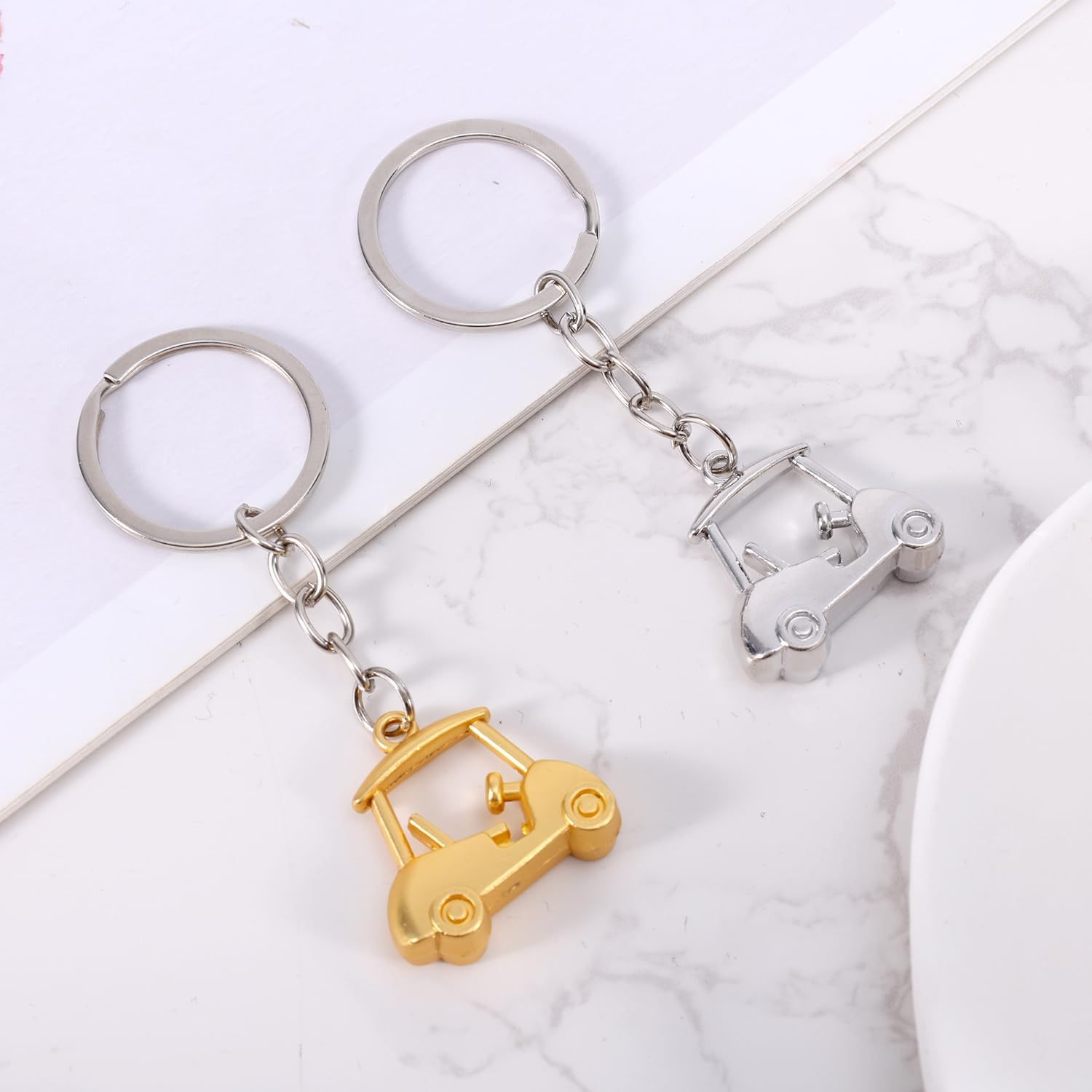 2Pcs Golf Cart Keychain, Zinc Alloy Golf Keychain Silver Gold Sparklely Golf Cart Keychain Golf Style Key Chains for Man Golf Lovers Golf Souvenirs, Silver, Gold image number 3