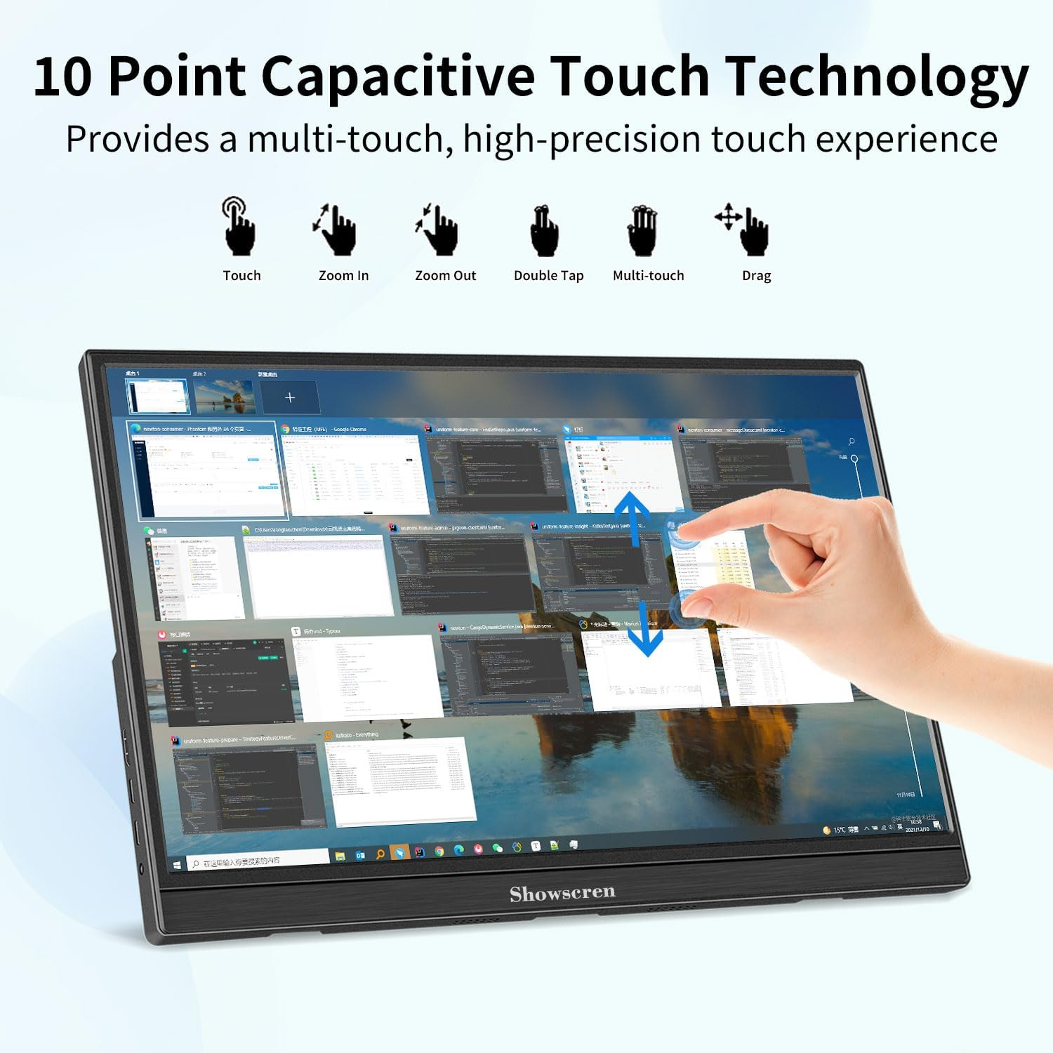 Showscren Portable Monitor 15.6 Inch Touchscreen Monitor FHD 1920X1080 HDR IPS 10 Point Touch USB C+HDMI+USB Touch Monitor with Dual Speakers, Ultra-Thin Monitor for Pc/Laptop/Mac/Xbox/Switch/Ps4/5 image number 2