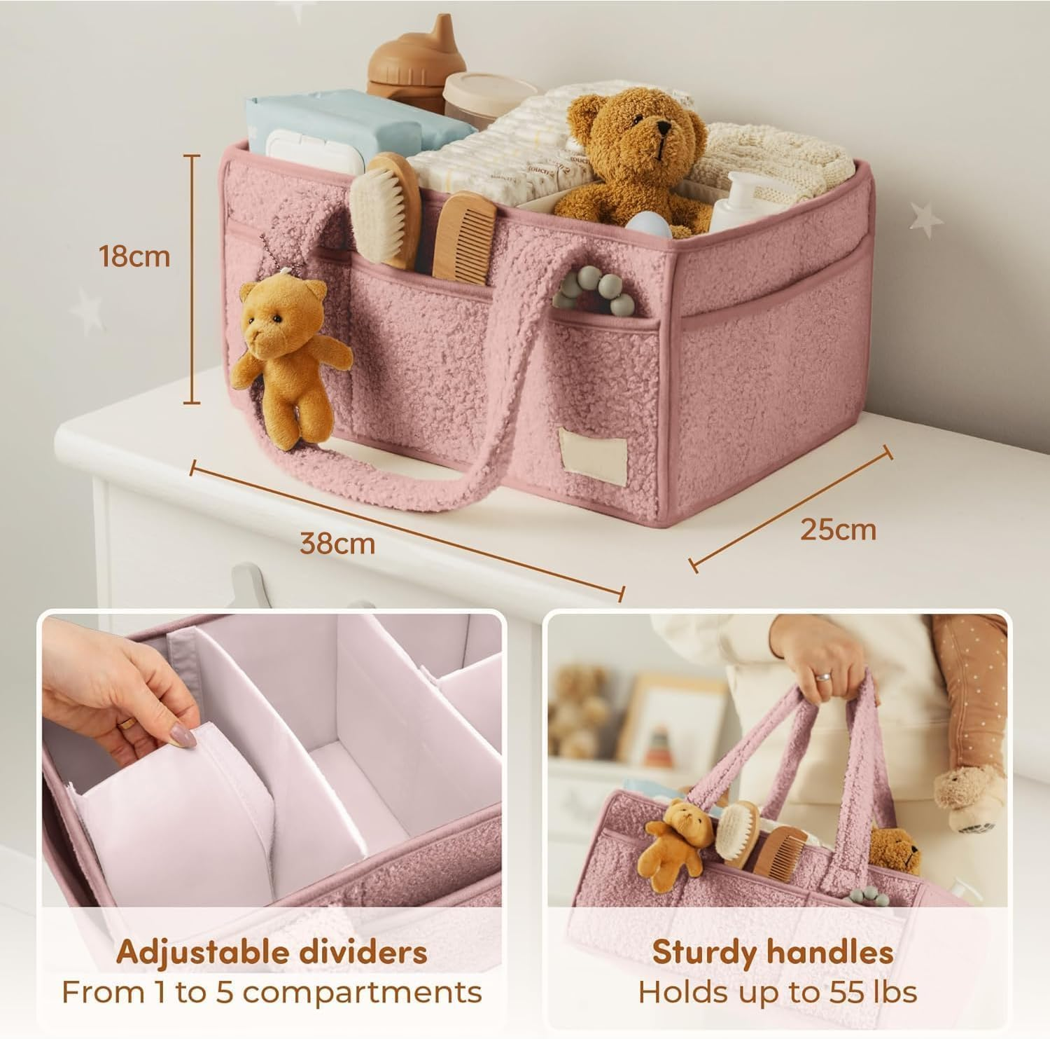 Baby Diaper Caddy Organizer Nappy Caddy Bag Portable Felt Nursery Essential Storage Basket for Baby Essentials, Spacious Car Travel Organizer with Multi Pockets Changing Table Organizer (Powder Pink) image number 5