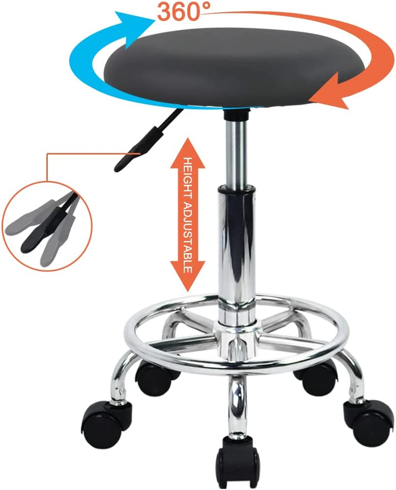WKWKER Ergonomic Rolling Stool PU Leather Stool on Wheels Swivel Height Adjustable Seat Stool Chair for Kitchen Drafting Salon Lab Office Massage Stool (Gray) image number 6
