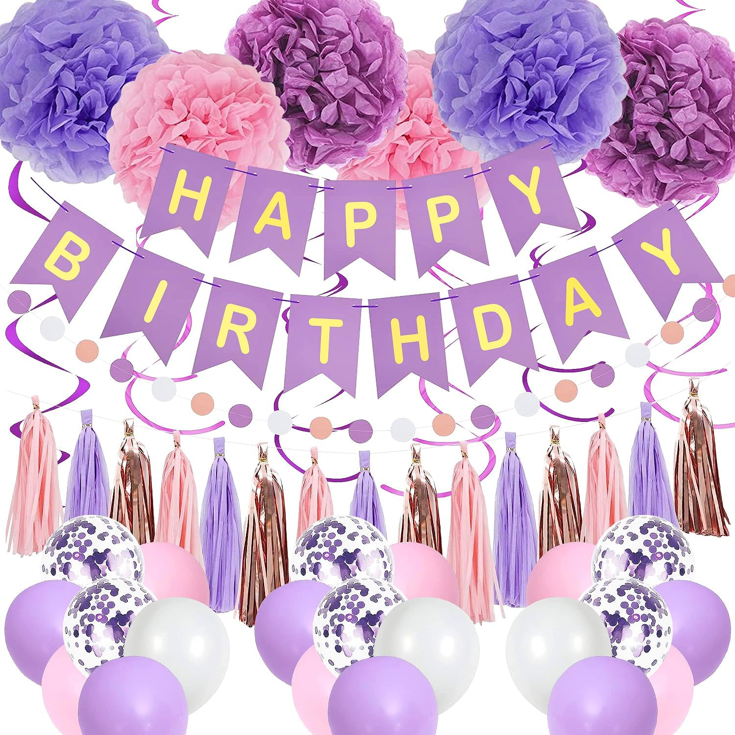 Pugkloy Purple Pink Birthday Party Decorations for Women Girls with Happy Birthday Banner,Hanging Swirls,Tissue Paper Pompoms,Circle Dots Garland,Tassel Garland Purple Birthday Balloons (Purple)
