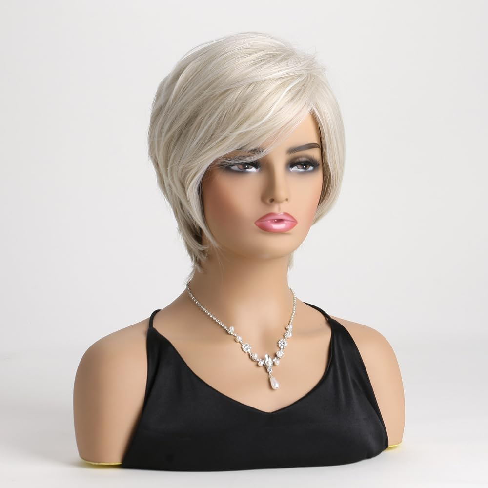 AUBWIG Light Blonde Short Wigs Classic Short Bob Natural Short Straight Wig with Fringe Multilayer Heat Resistant Synthetic Wigs (Light Blonde) image number 5