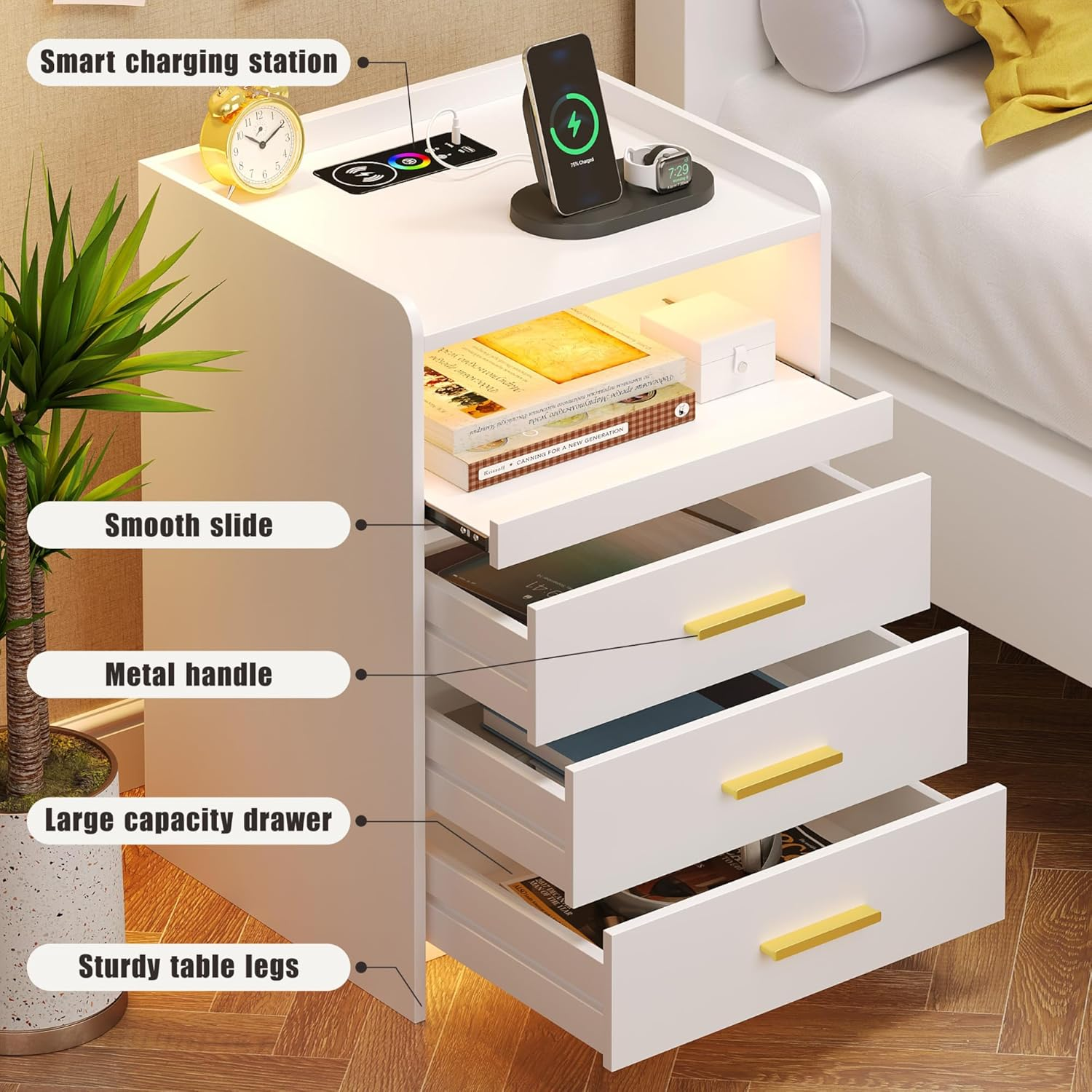 Dystler Nightstand with Wireless Charging Station Bedside Table with RGB Light & Human Sensor Design 3 Drawers LED Modern Night Stand End Table for Bedroom Livingroom Office, White - Black image number 3