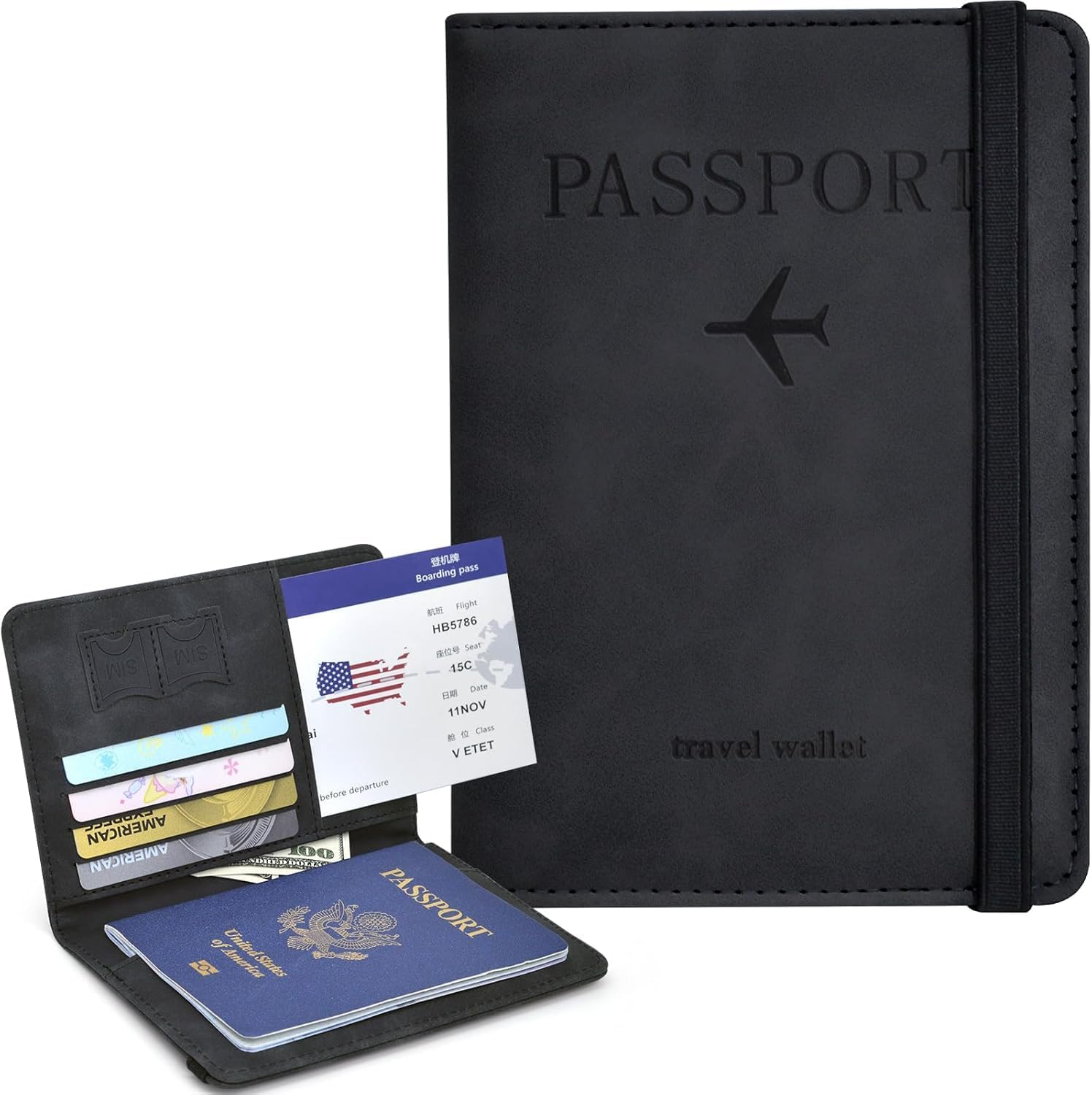 2 Pack Passport Holder, Passport Cover with Credit Card Slot and Boarding Pass Slot Combo, Passport Wallet Case Book Travel Must Have, RFID Blocking Leather Travel Accessories(Black+Brown) - Black+Brown image number 2