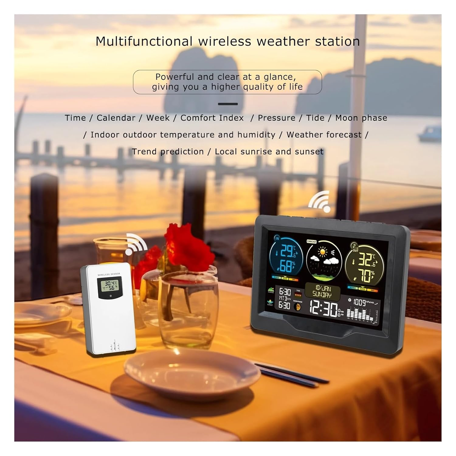 Wireless Weather Station Digital Home Temperature Humidity Meter Sun Time Tide Moon Phase Barometer Clock Forecast Trend Sesnor image number 3
