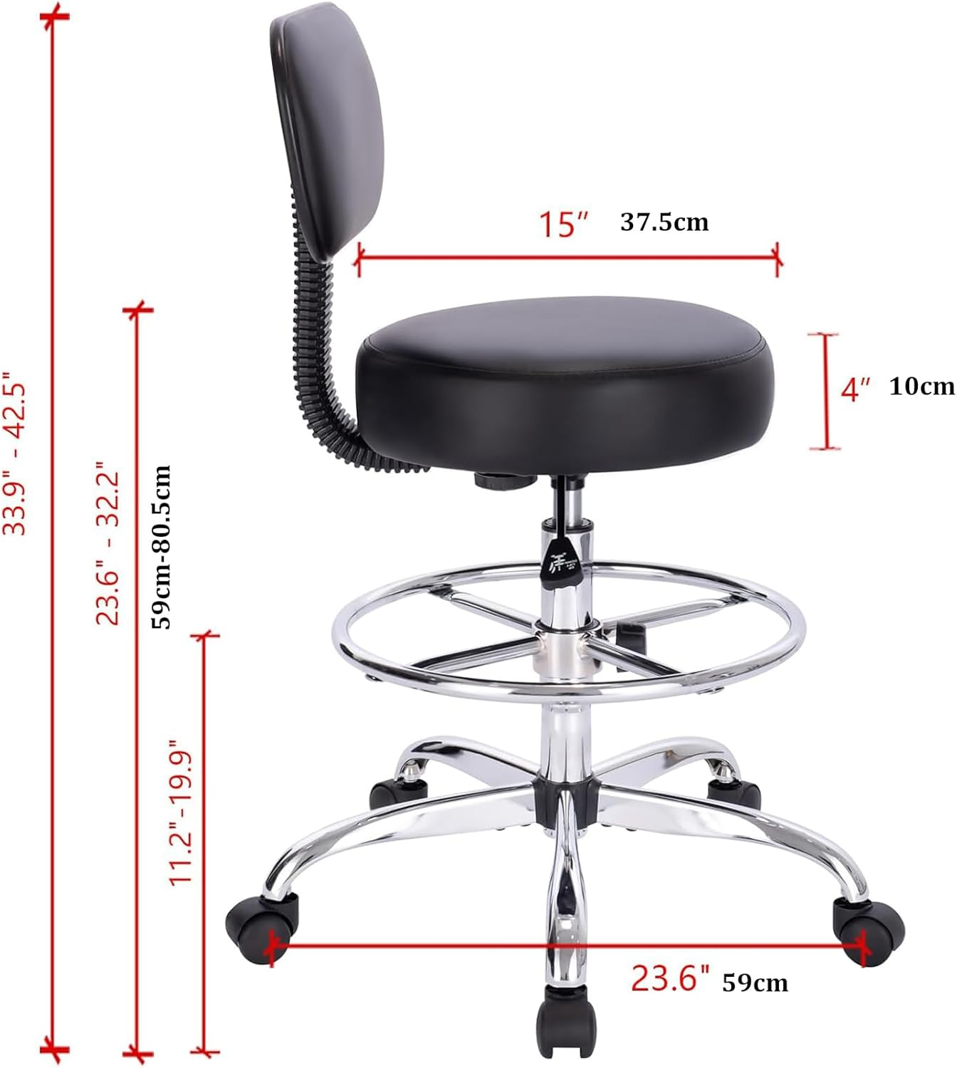 Drafting Chair with Backrest, Adjustable Footrest Rolling Stool with Wheels, Swivel Stool for Office Spa Studio Lab Counter Salon Work, Black 60 * 60 * 113Cm image number 2