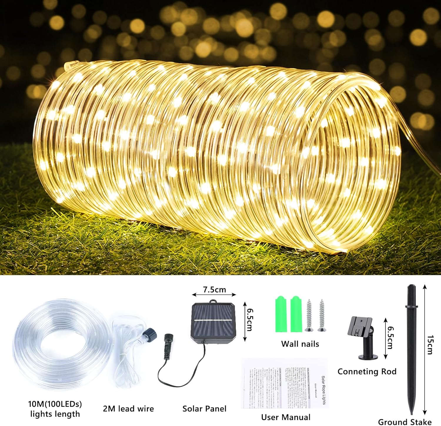 Solar Rope Lights, 10M 100LED Solar String Lights, 8 Modes Waterproof Solar Powered Outdoor Light, Flexible Clear Tube Light for Garden, Backyard, Patio, Deck, Porch, Pool,Tree Decor - Warm White - Multicolor image number 5