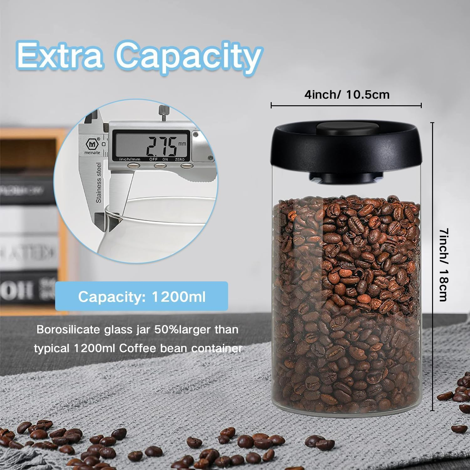 Coffee Storage Container Vacuum Seal for Jars, Glass Kitchen Storage Jars, Coffee Canisters with Airtight Lid Seal, Food Storage Containers - Perfect for Coffee Beans, Tea, Sugar (1200Ml) image number 3