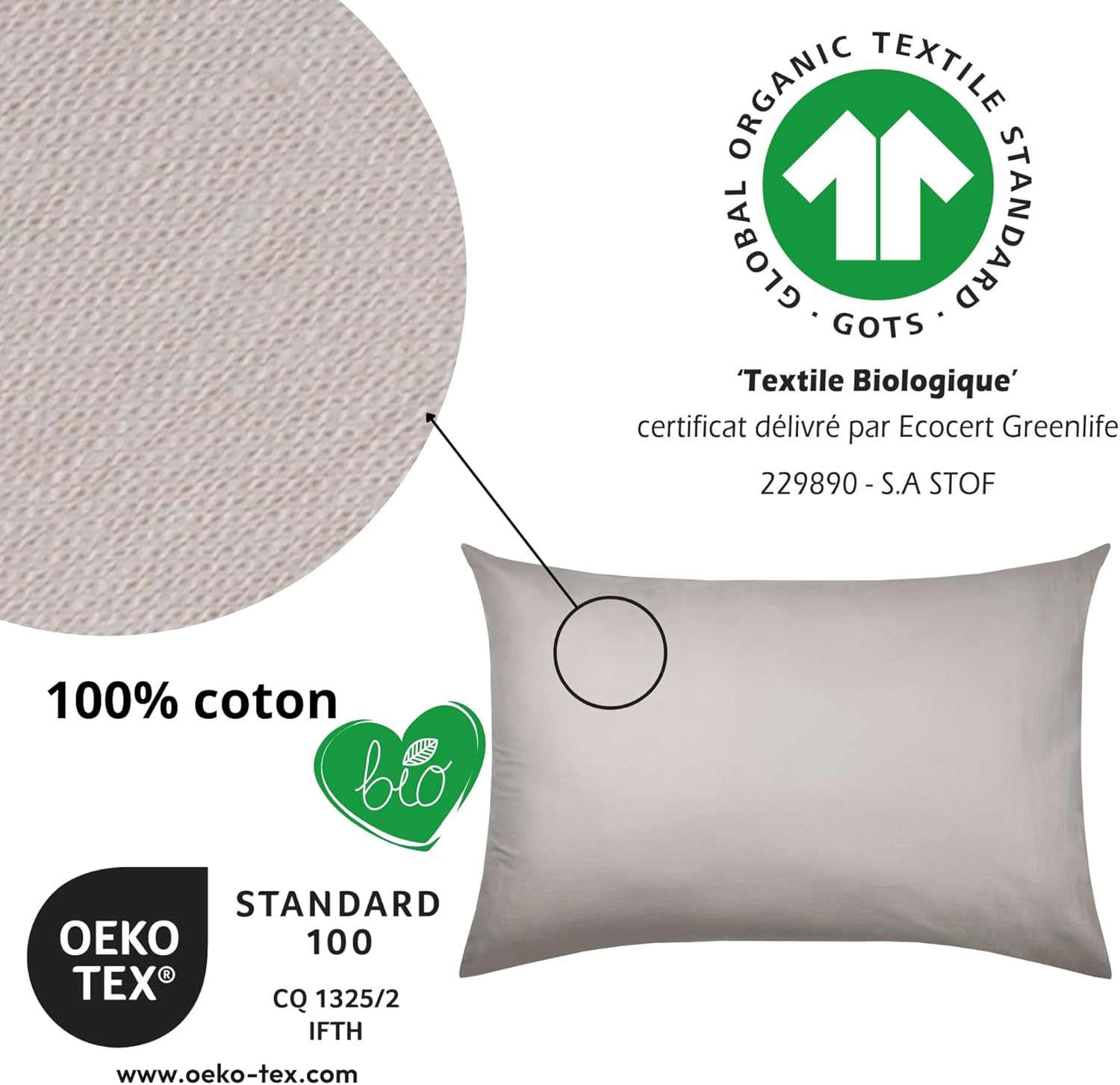 STOF - Pillowcase - Size 50 X 70 Cm - 100% Organic Cotton - Quality - Oeko-Tex Certified - Linen Colour - Horizon Model - Bed Linen for Home - Soft and Comfortable