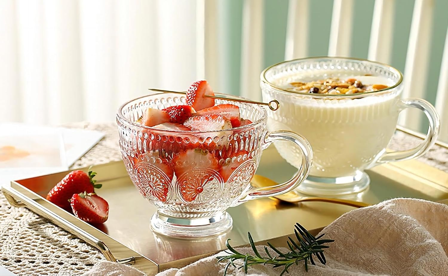 Blissora Large Embossed Tea Cup, Valentines Ribbed Coffee Mug Sets Pack of 2/4/6 for Cereal Cappuccino Dessert, Crystal Friend Mum Gift (Gold Rim, 4 Pack) - 4, Gold Rim image number 2