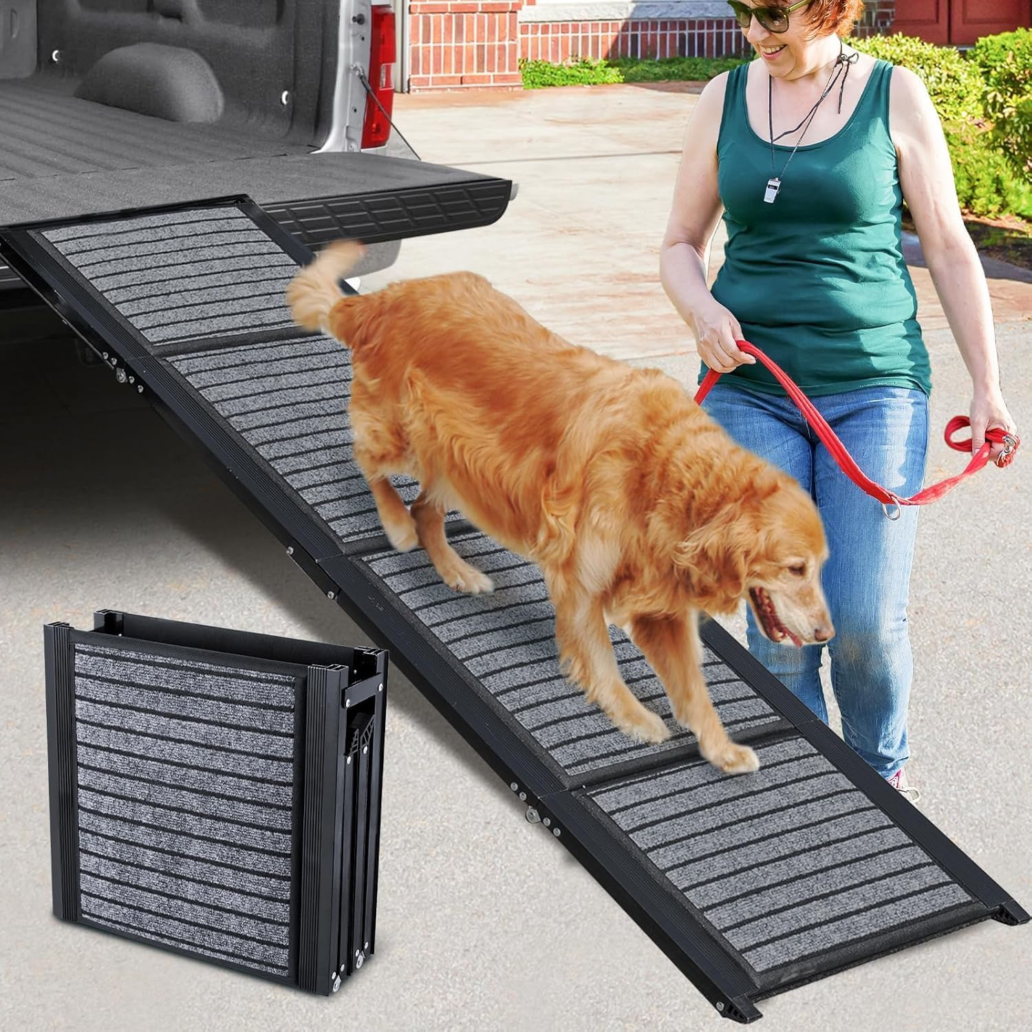 180CM Foldable Dog Car Ramp,48Cm Widen Dog Steps for Large Dogs with Non-Slip Surface,Portable Aluminum Folding Pet Ramp for Dogs,Lightweight Dog Stairs for Cars SUV & Trucks, Supports up to 110KG image number 4