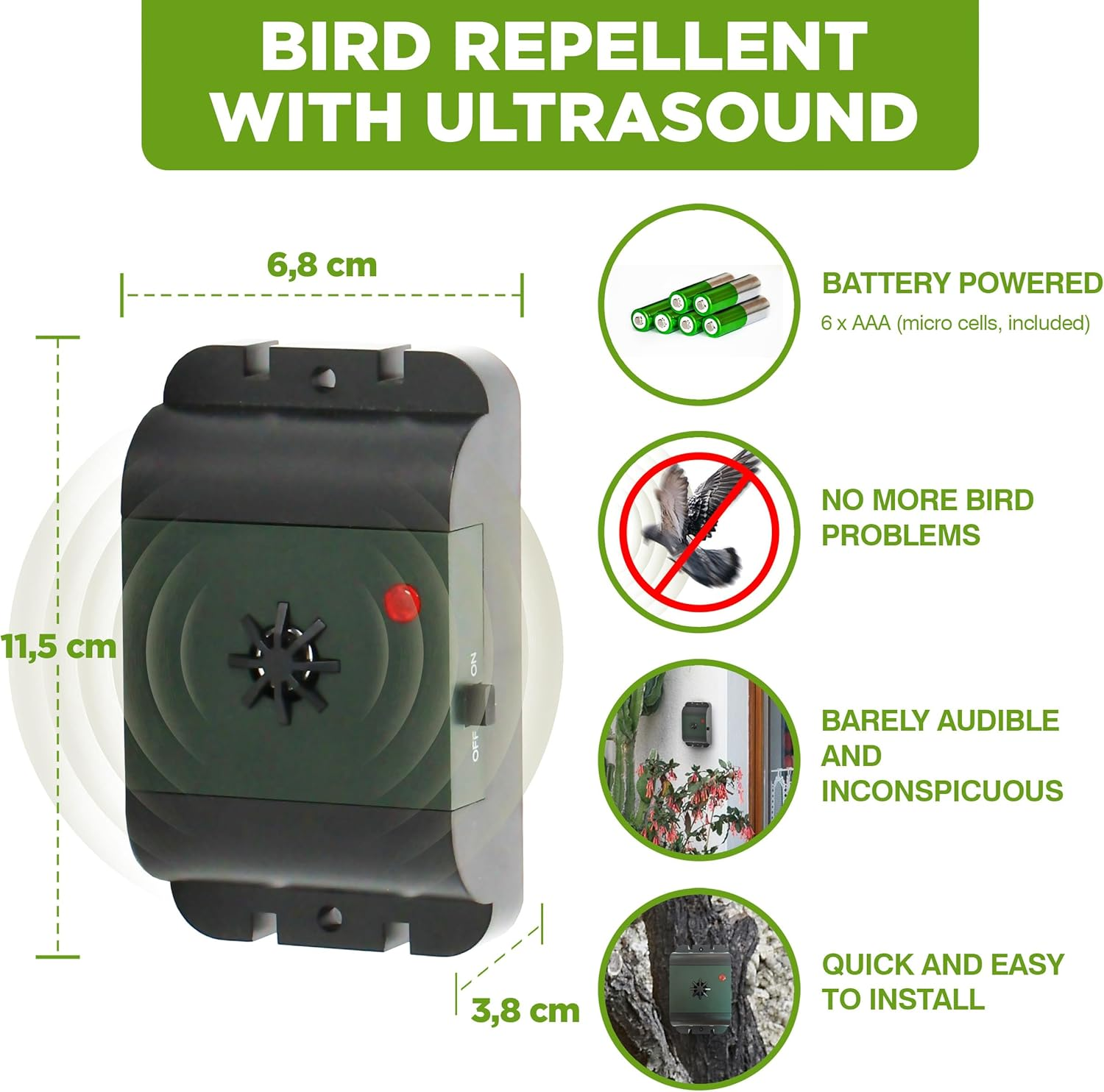 ISOTRONIC&reg; Ultrasonic Bird Repeller Device, Battery Powered Portable Bird Deterrent, Pigeon Scarer - Pack of 1 Pcs.