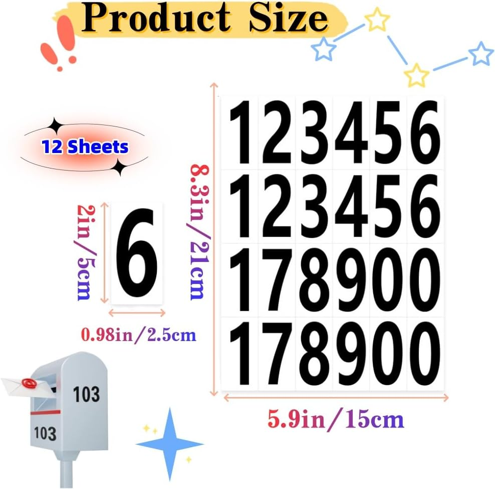 12 Sheets Number Stickers, Mailbox Numbers Self Adhesive Waterproof Vinyl Numbers for Mailbox, Sign, Window, Door, Car, Truck, Home, Business, Address (Black) image number 3
