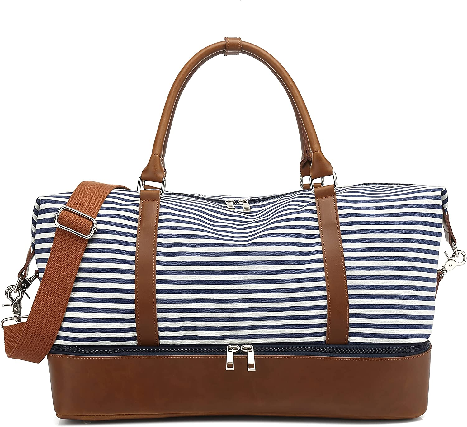 Large Women Canvas Weekender Bag for Travel, 45L Travel Tote Duffel Shoulder Weekend Bag Unisex Overnight Handbag Carry on Duffel Bag (X-Large,Black Stripe)