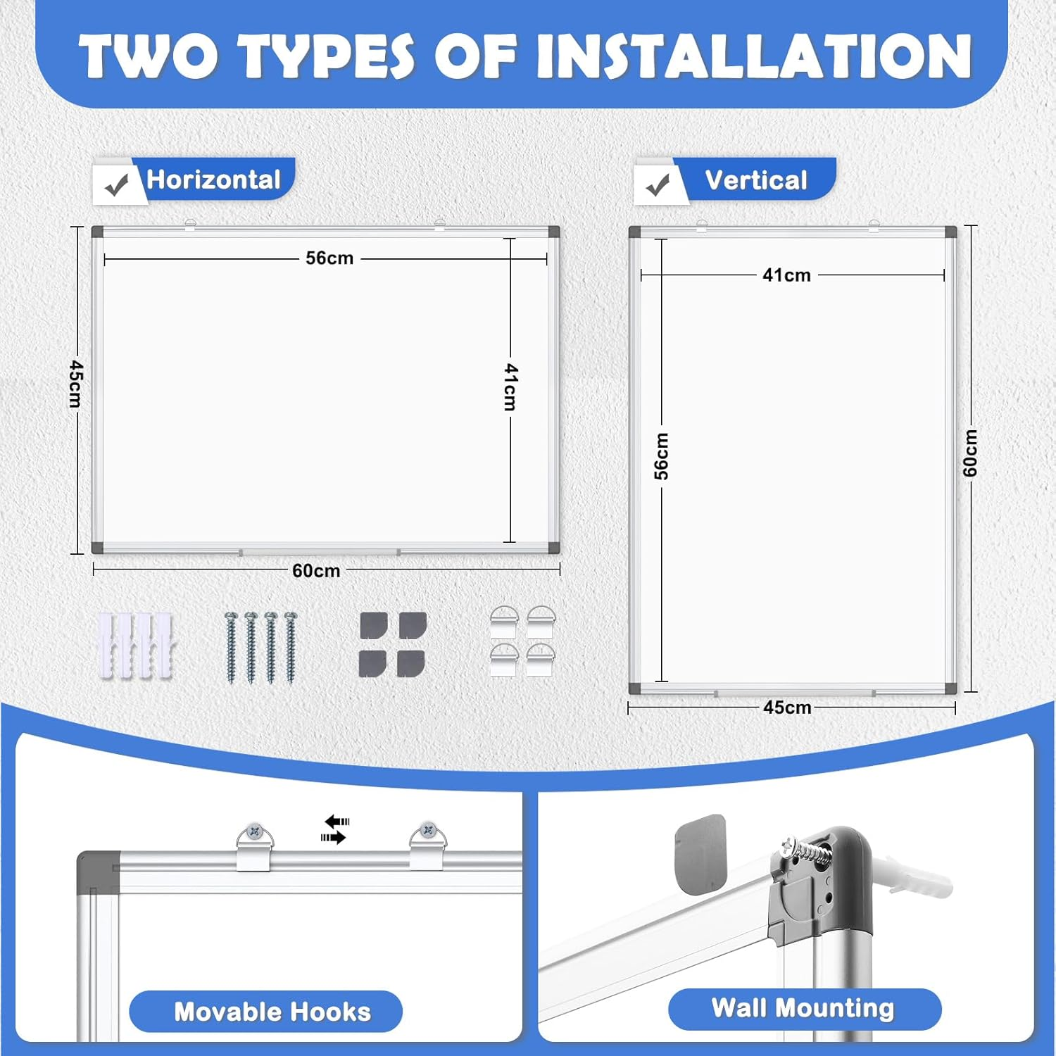 QUEENLINK Double-Sided Magnetic Whiteboard for Wall, Mountable & Hangable with Aluminum Frame, 45 X 60 Cm White Board for Office and Home with Markers, Magnets, Eraser image number 3