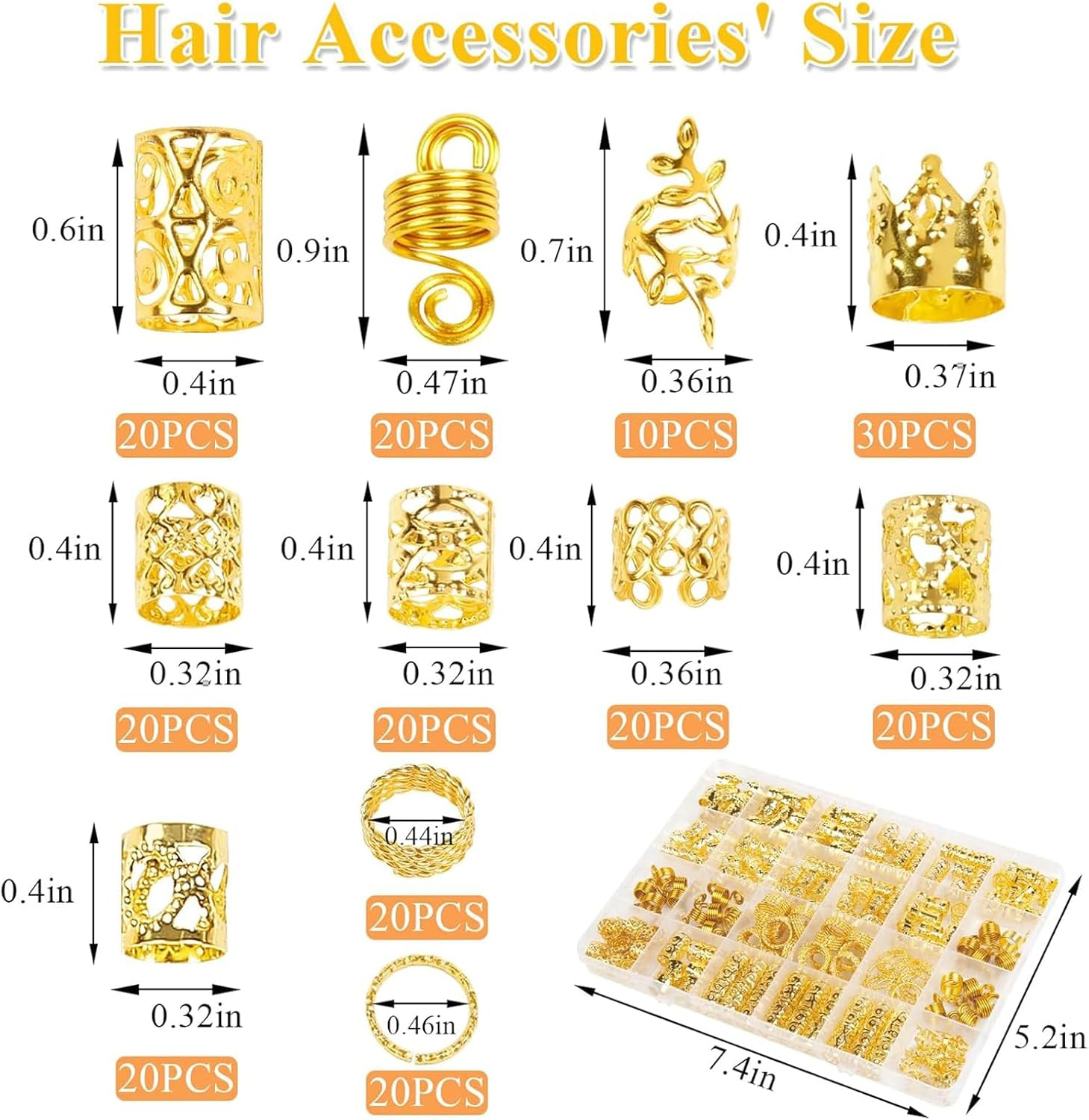 220 Pcs Gold Hair Accessories for Braids, Hair Cuffs Set for Women Hair Dreadlock Metal, Hair Beads Rings Cuffs for Braids Beard Decoration Gold image number 6