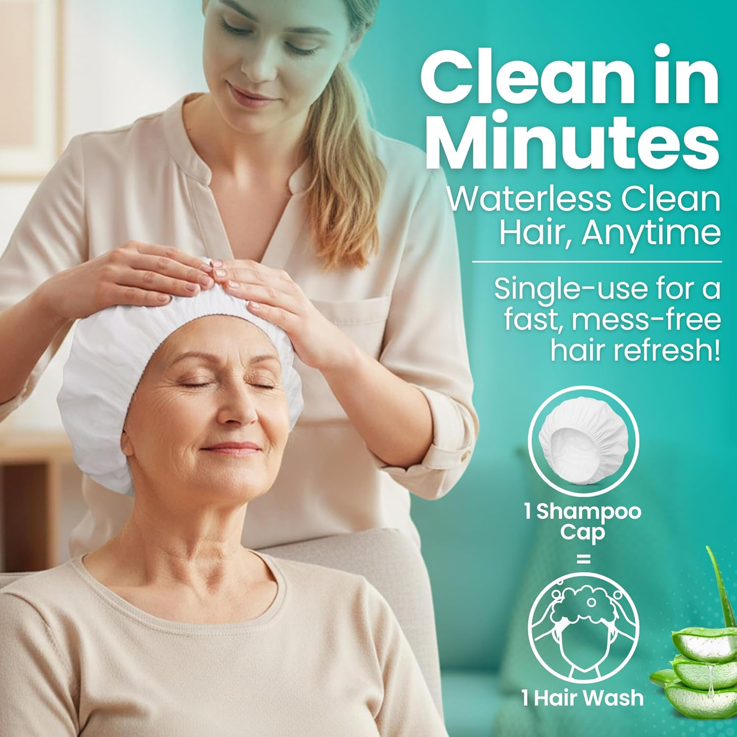 No-Rinse Shampoo & Conditioner Shower Cap &ndash; Waterless Hair Washing for Elderly, Bedridden, Hassle-Free Microwavable Hair Washing Cap Infused with Aloe & Vitamin E &ndash; 12-Pack image number 1