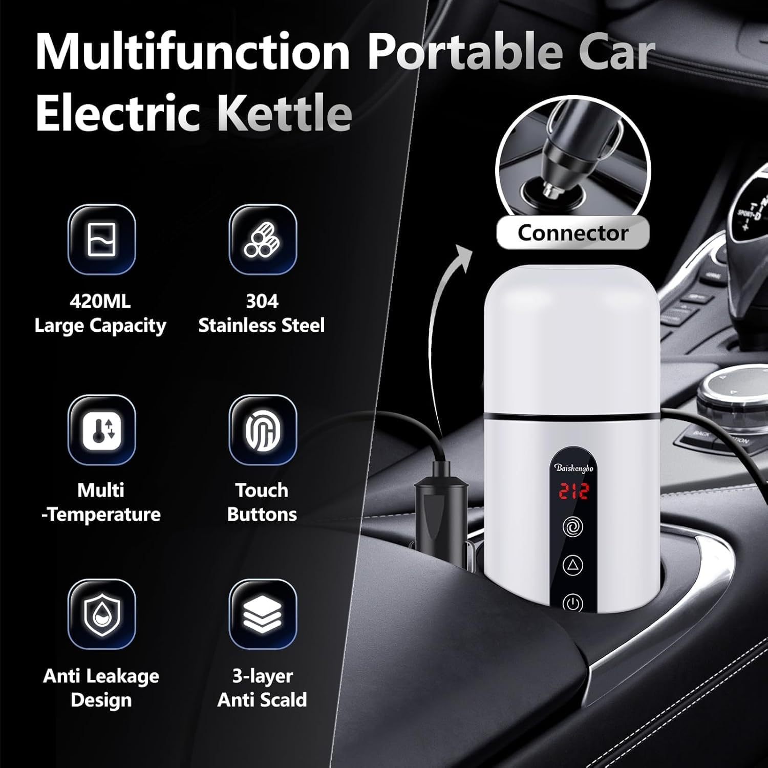 Car Kettle, Portable Electric Travel Kettle, 12V/24V Car Coffee Warmer, 420ML Hot Water Boiler, Small Hot Water Heater, with Built-In Magnetic Induction Stirring for Tea Coffee Milk (White)