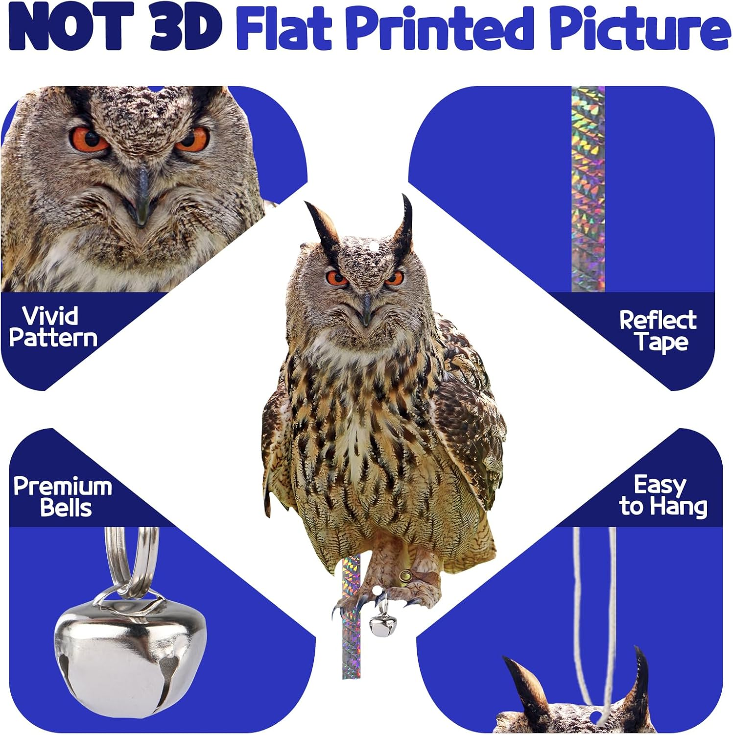 Kungfu Mall 4PCS Fake Owl, Garden Owl, Plastic Owls, Reflective Hanging Decoration, Effective Control Device with Reflective Tape for Garden Patio Windows Tree - Angry Owls 4Pc image number 2