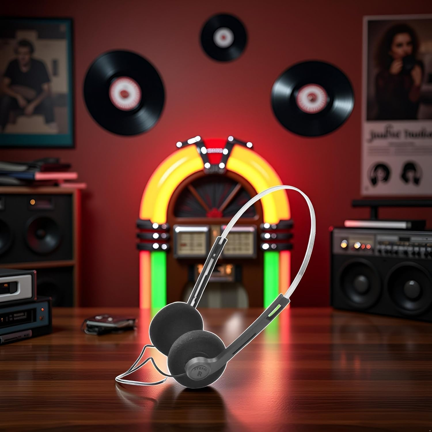 4 Pcs Black Retro Over-Ear Earphones, Hi-Fi Stereo Earphone, Mini Stereo Lightweight Headphones with Cord, 80S 90S Vintage Headset Wired,Headphone, for Most Mobile Phones Playback Pevices image number 1