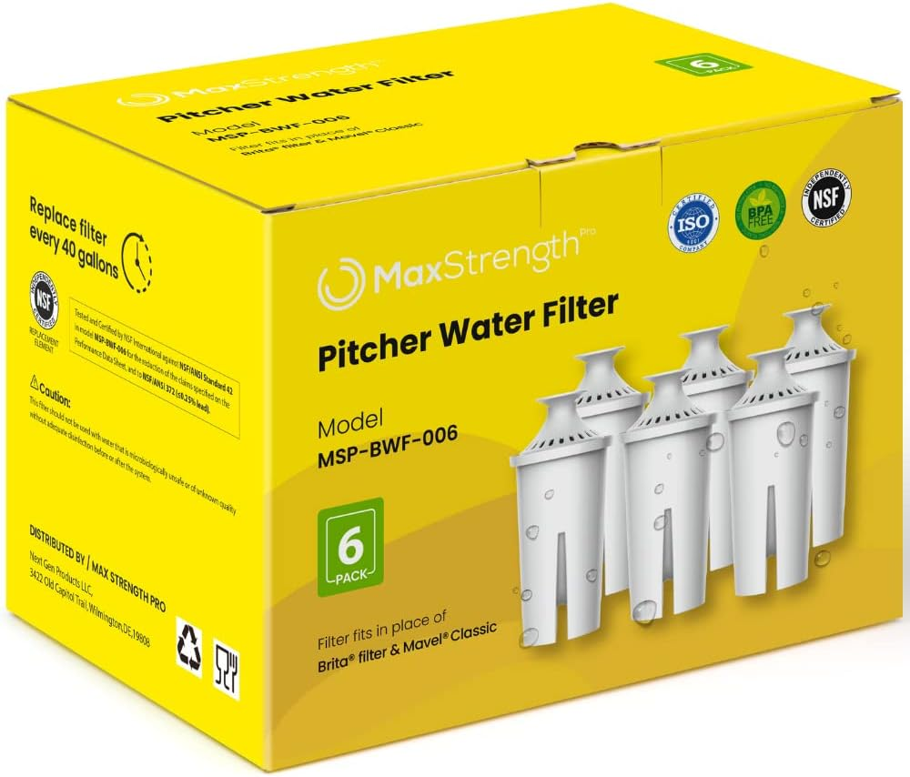 Max Strength Pro Water Filter Replacement for Brita&reg; Pitchers & Dispensers, Classic OB03, Mavea&reg; 107007, 35557 & More, NSF Certified Water Pitcher Filter, 1 Year Supply, Fits Brita & Mavea, 6 Count image number 1