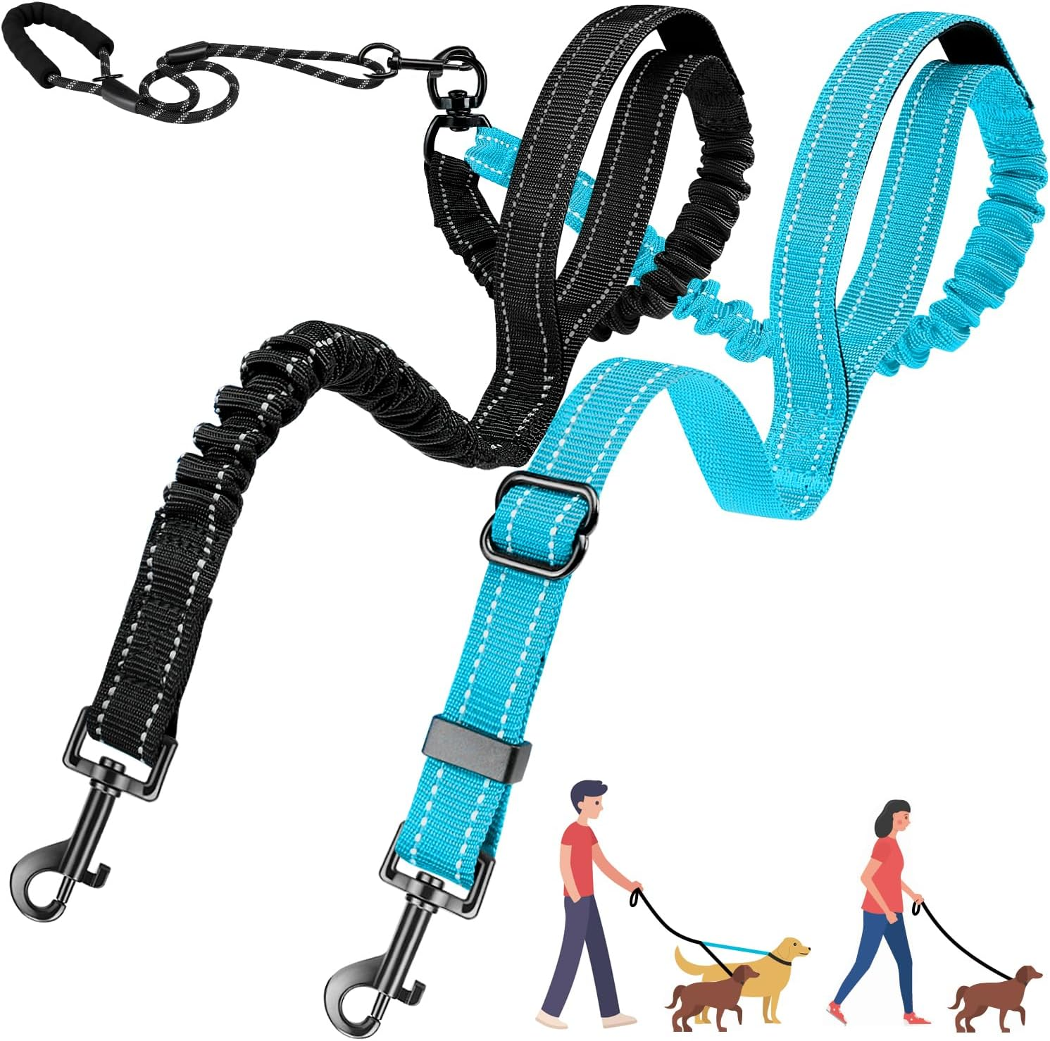 AUTOWT Double Leash for Two Small Dogs, No Tangle 360&deg; Swivel Dual Dog Leashes with 4 Handles, Super Lightweight for Puppy under 20Lbs, Reflective Adjustable Strap and Shock Absorbing Bungee image number 5