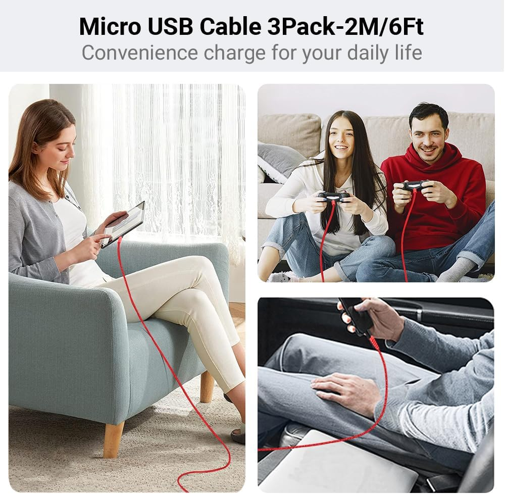AHGEIIY Micro USB Cable 2M 3Pack, Micro USB Charger Cable Nylon Braided USB to Micro USB Cable Android Charger for Galaxy S7 S6, Note LG Nexus Nokia Kindle image number 6