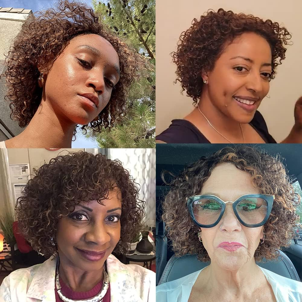 HUA Kinky Curly Short Wigs for Black Women Human Hair Chocolate Brown Mix Medium Auburn Curly Human Hair Wigs for Black Women Glueless 4/30 Color Short Wigs for Women - Heya 1B image number 2