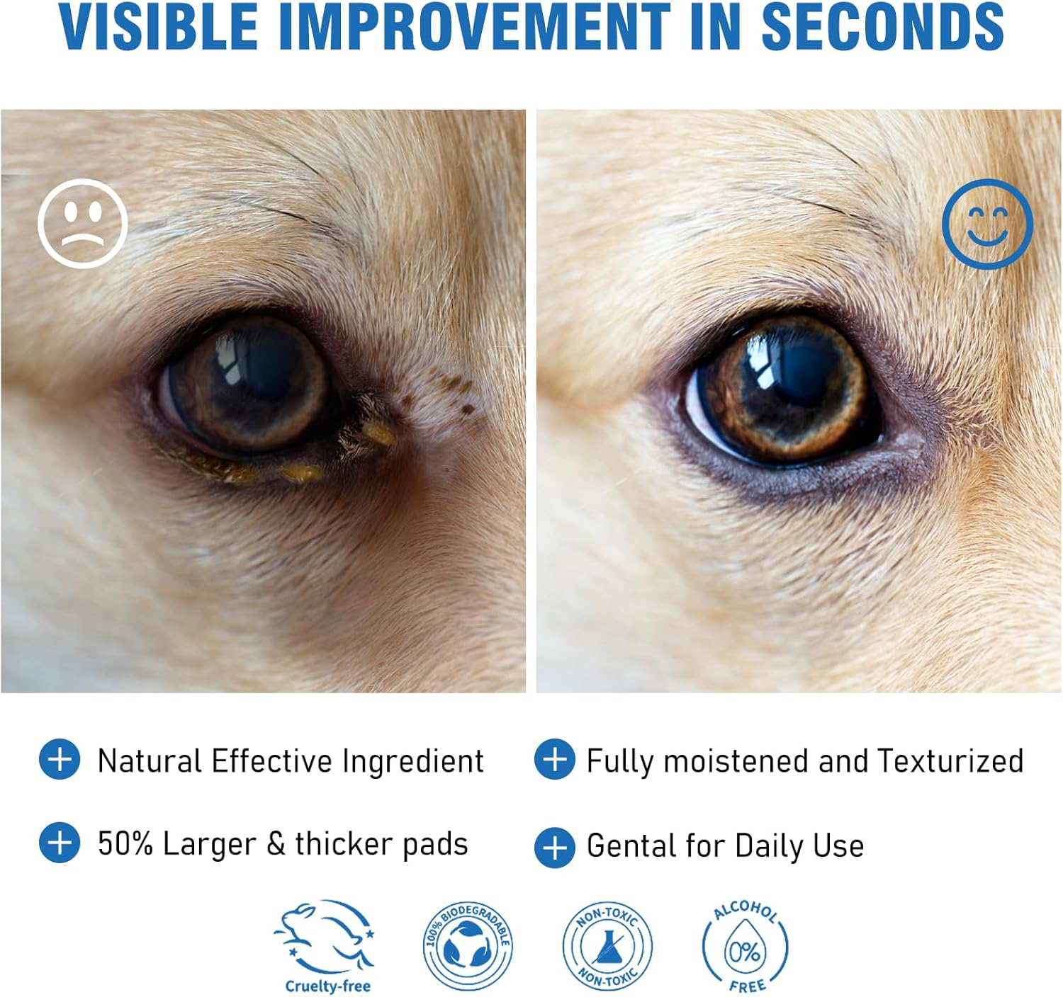 Kopmath Dog Eye Wipes, Tear Stain Wipes for Dogs, Big & Thick Cat Eye Wipes for Dogs, Mild Ingredient,Texturized & Presoaked Pet Eye Cleaner Pad for Discharge Crust Booger,100 Ct,Unscented image number 5