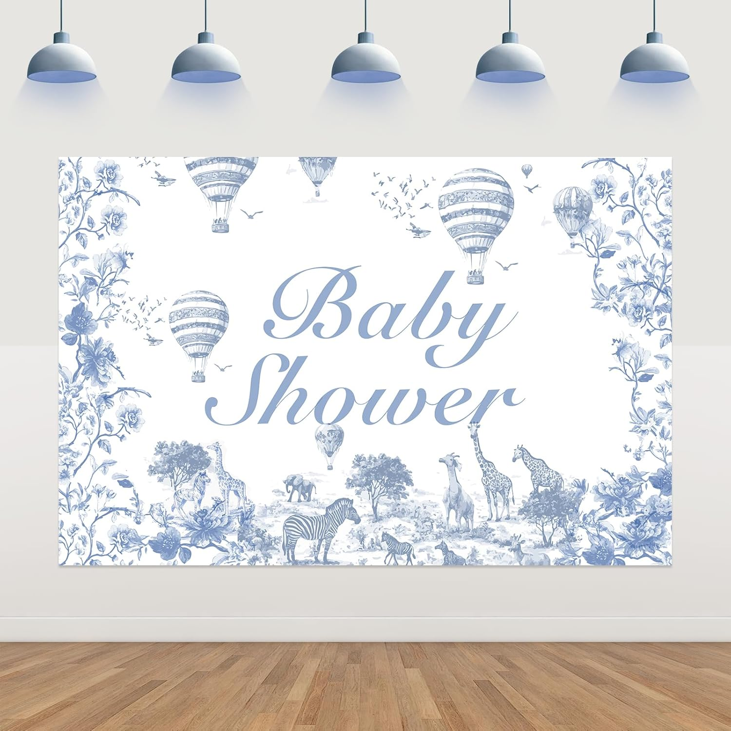 Wonmelody Jungle Safari Baby Shower Backdrop 5 * 3 Ft Dusty Blue Jungle Baby Shower Decor Chinoiserie Party Decor Jungle Animal Theme Giraffe Elephant for Chinoiserie Floral Baby Shower Birthday image number 3