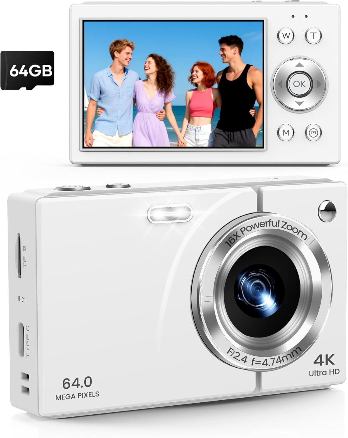 Digital Camera 4K with 64MP & 16X Optical Zoom - Autofocus Vlogging Camera with Anti-Shake, 64GB SD Card Included | Compact Travel Camera for Youtube Beginners, Teens & Adults (White) image number 3