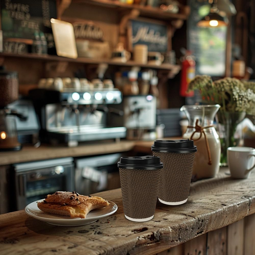 Okam Disposable Coffee Cups with Lids 12Oz (380Ml) - 100 Sets - Corrugated Ripple Wall Paper Cups - for Takeaway Coffee/Hot Chocolate - 3-Layered Wall for Hot/Cold Drinks - Coffee Shop Bulk Buy image number 2