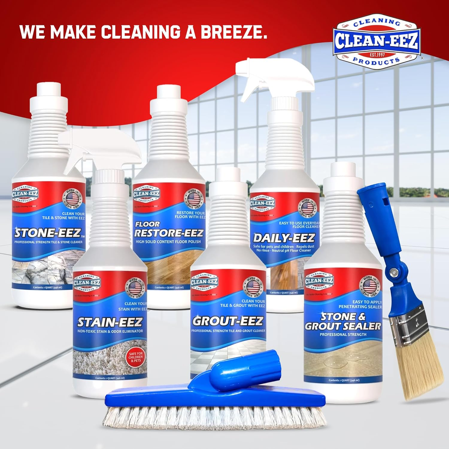 Clean-Eez Grout Brush Combo Kit - Stand up & Handheld V-Shaped Brushes with Curled Bristles - Easy Grout Cleaning without Bending - Perfect for Tile, Showers & Hard-To-Reach Spots - Durable image number 1