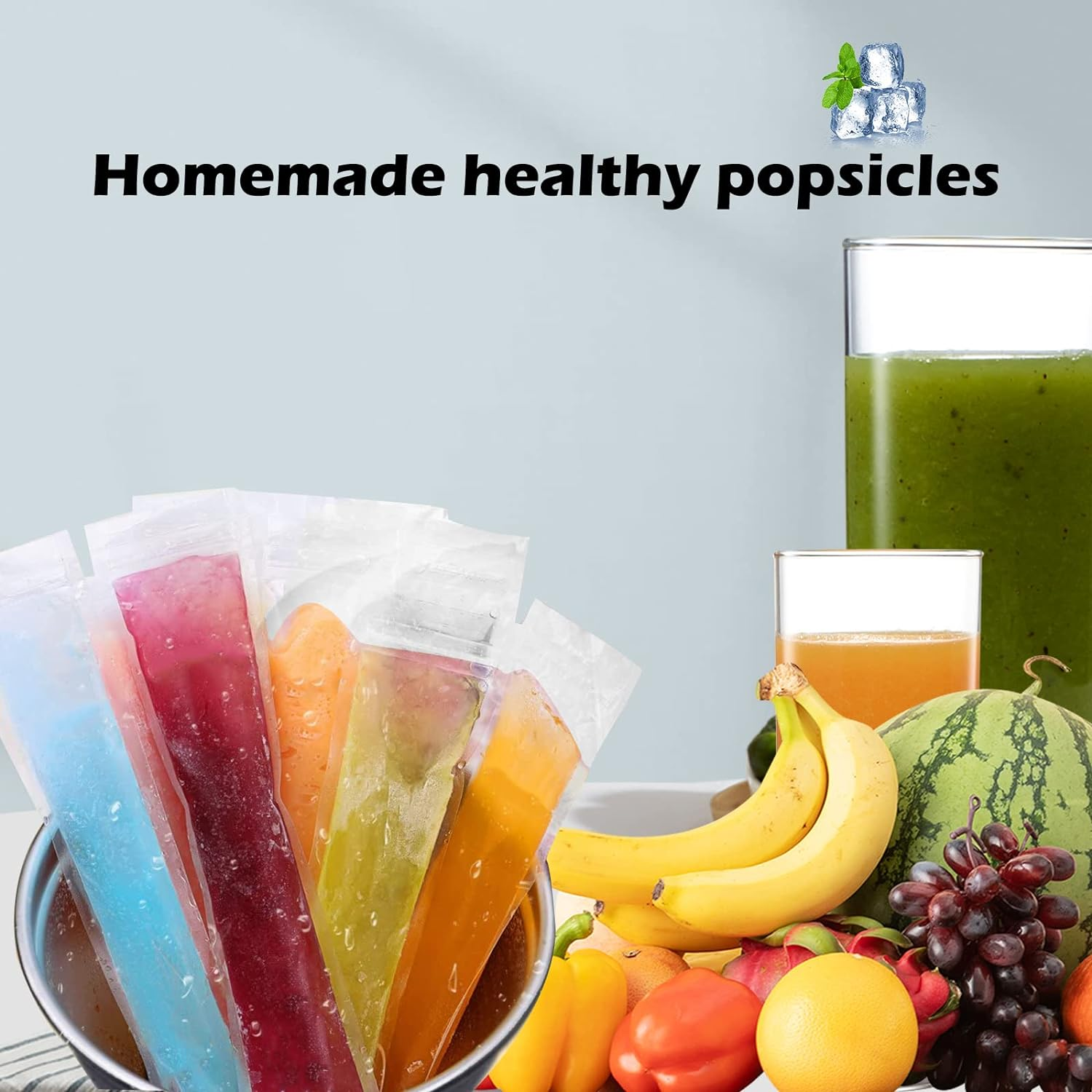 200 Pack Popsicle Bags for Disposable Freeze Pops, DIY Pouches, Yogurt Tubes, Healthy Snacks, Fruit Smoothies and Ice Party Favors with Funnel (5 X 22 Cm) image number 1