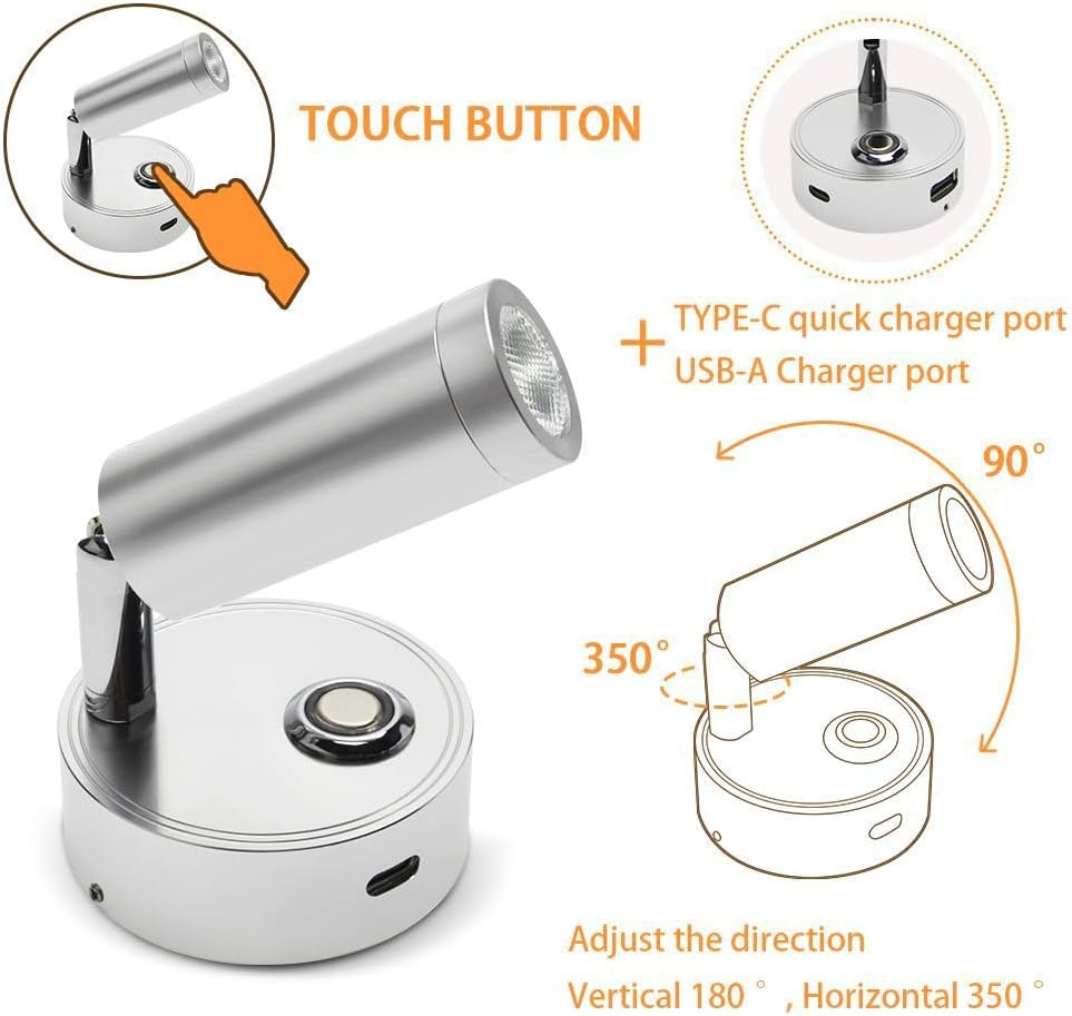 12V LED RV Reading Light with Dual Charging Ports, 3CCT Touch Control Dimmable RV Interior 12V Bedside Light Fixture Spotlight for Motor-House Camper Caravan Vehicle Vessel Boat Yacht (Black) image number 5