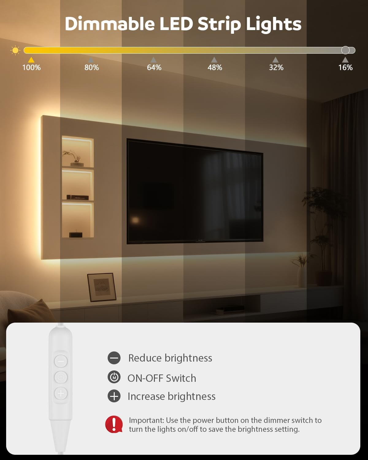 Aclorol LED Strip with USB Connection 5 M Warm White 3000 K 60 Leds/M Dimmable LED Strip Self-Adhesive 8 Mm Wide Flexible for Kitchen Cabinets Mirror Display Cabinet Bed Backlight image number 2