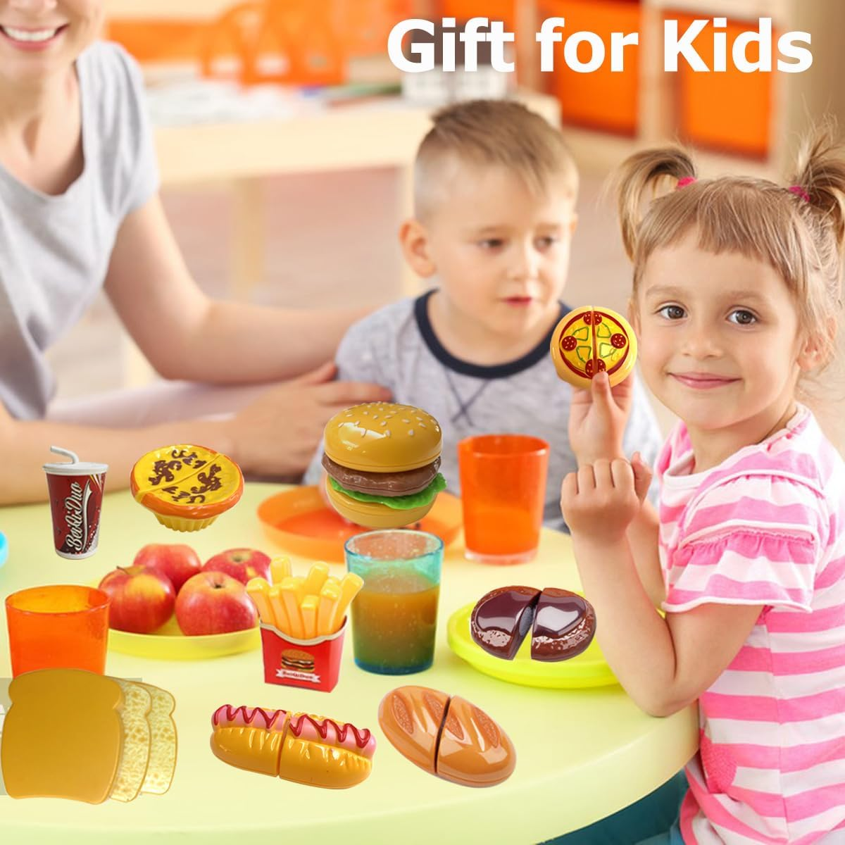 Play Food Toy Set for Kids Kitchen, Pretend Removable Fast Food Playset Cutting Toy with Hamburger ＆ French Fries Combo, Role Play Educational Kitchen Toy for Boys or Girls image number 4