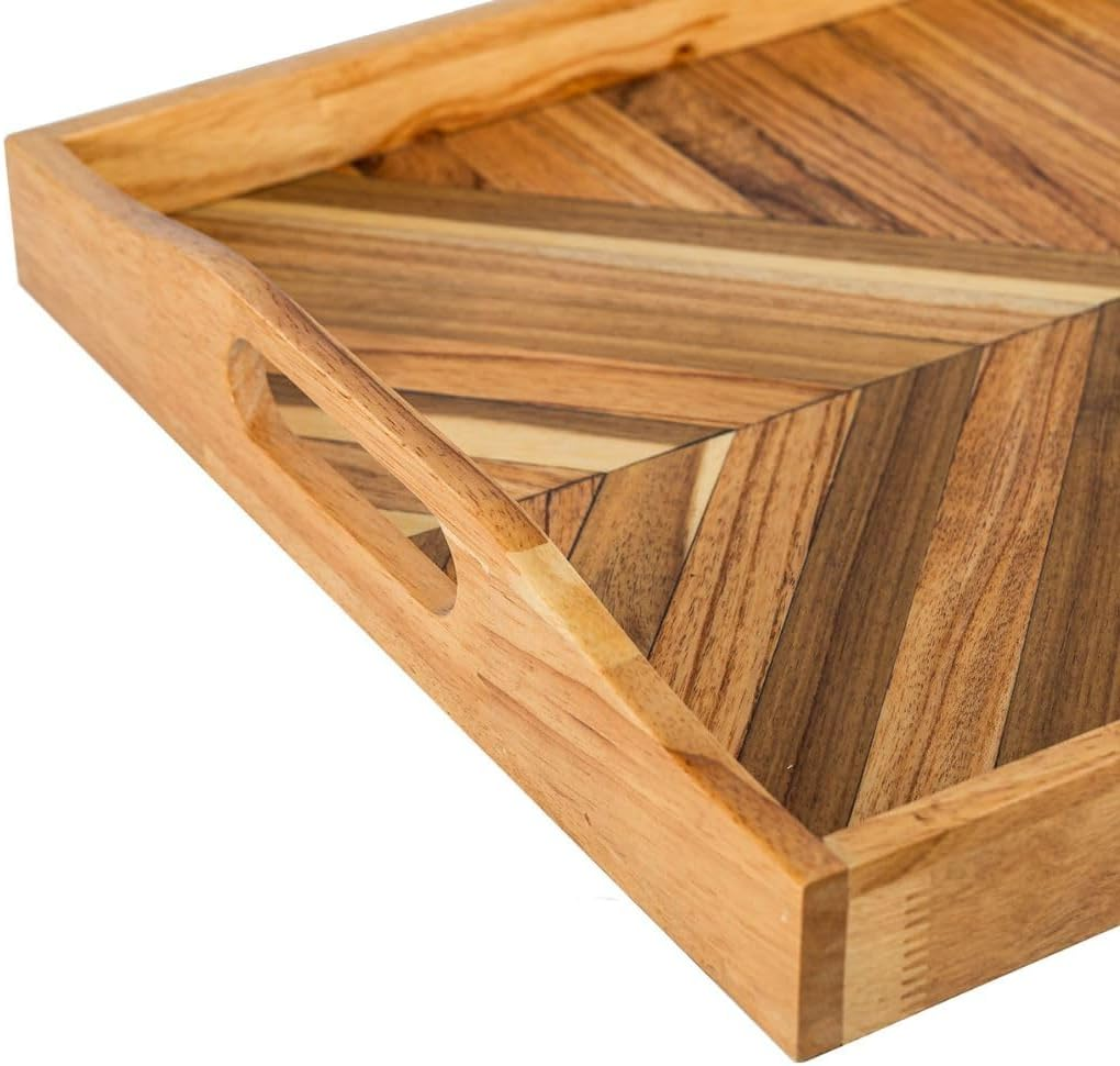 Handmade Wooden Serving Tray - 3 Style Design Collection | Solid Wood Inlay, Matte Finish | Ideal for Weddings & Housewarming Gift image number 2