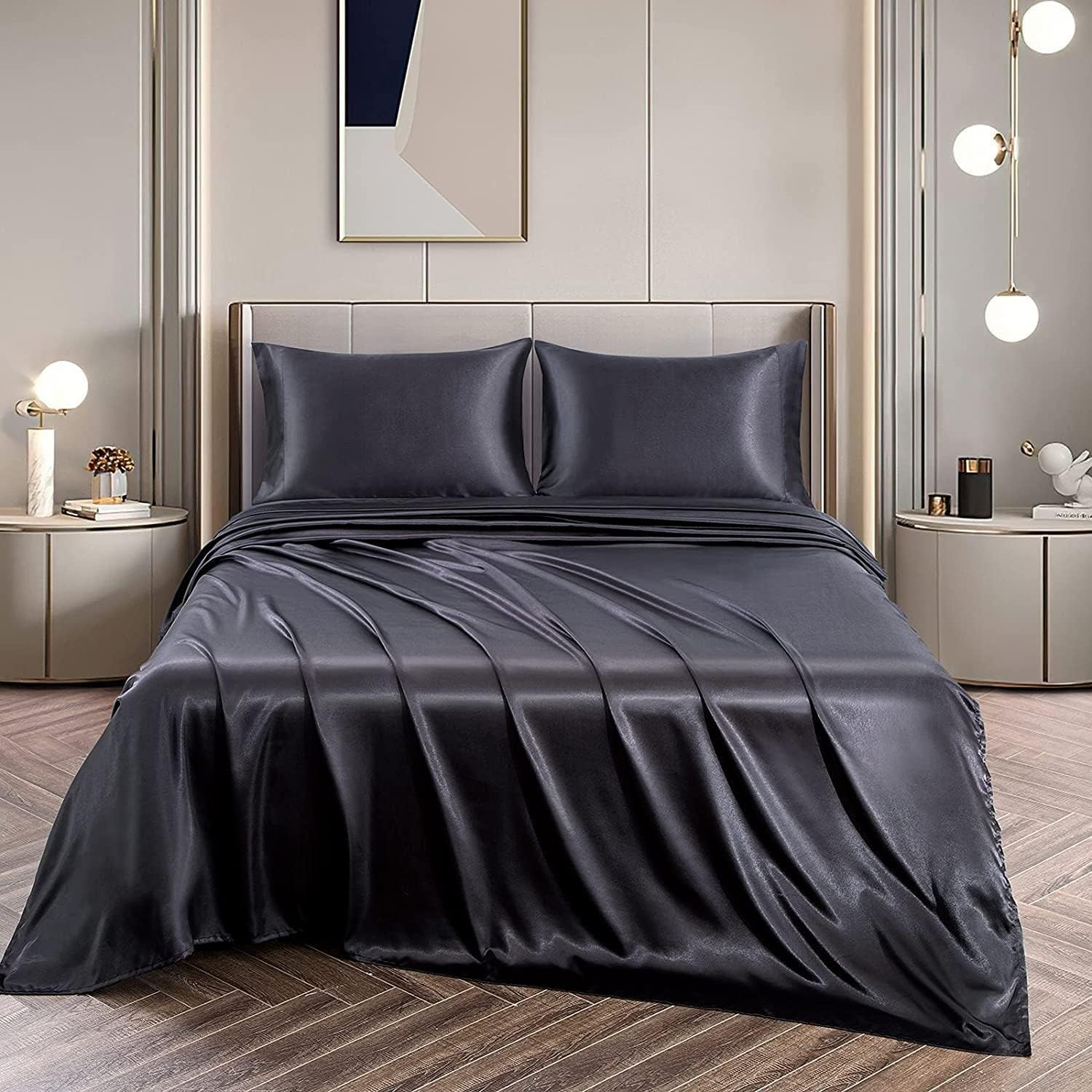 Forzzz 2000TC Art Silk Satin Queen Sheet Set Hotel 4 Pieces Fitted/Flat Sheet Bedding Set(Black,Queen)