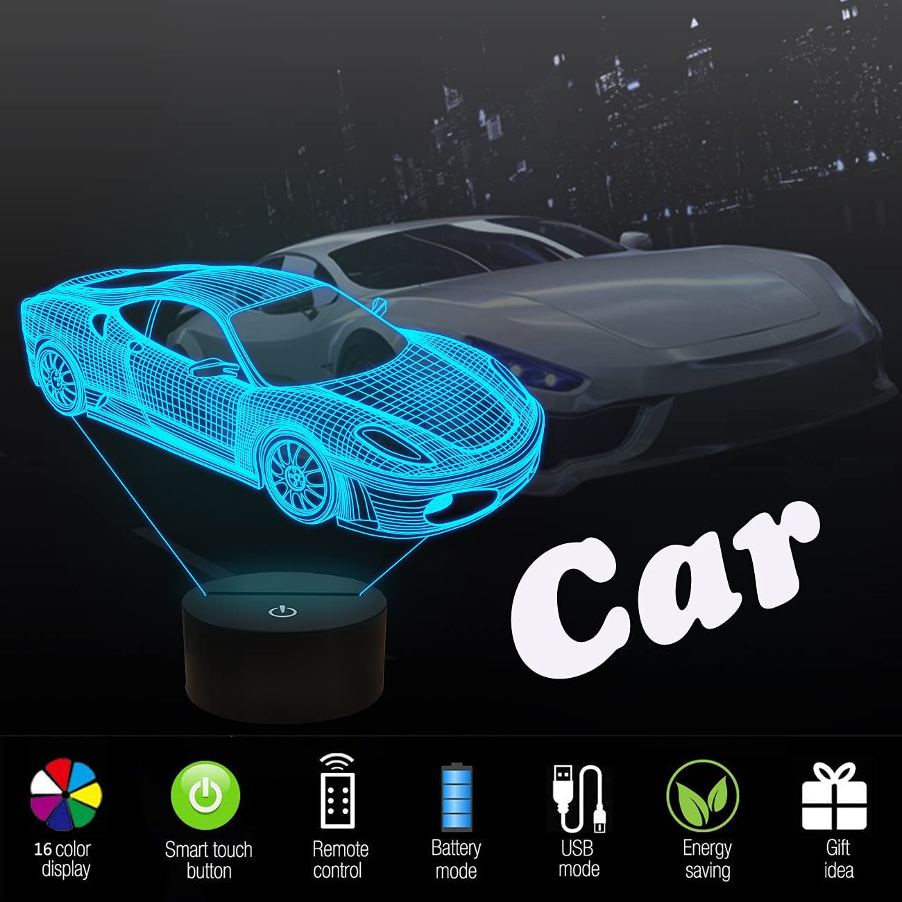 Car 3D Night Light for Kid, Sports Racing Illusion Bedside Lamp 16 Color Changing with Remote Control Dim Bedroom Decor Best Creative Birthday Men Boy Friend image number 5