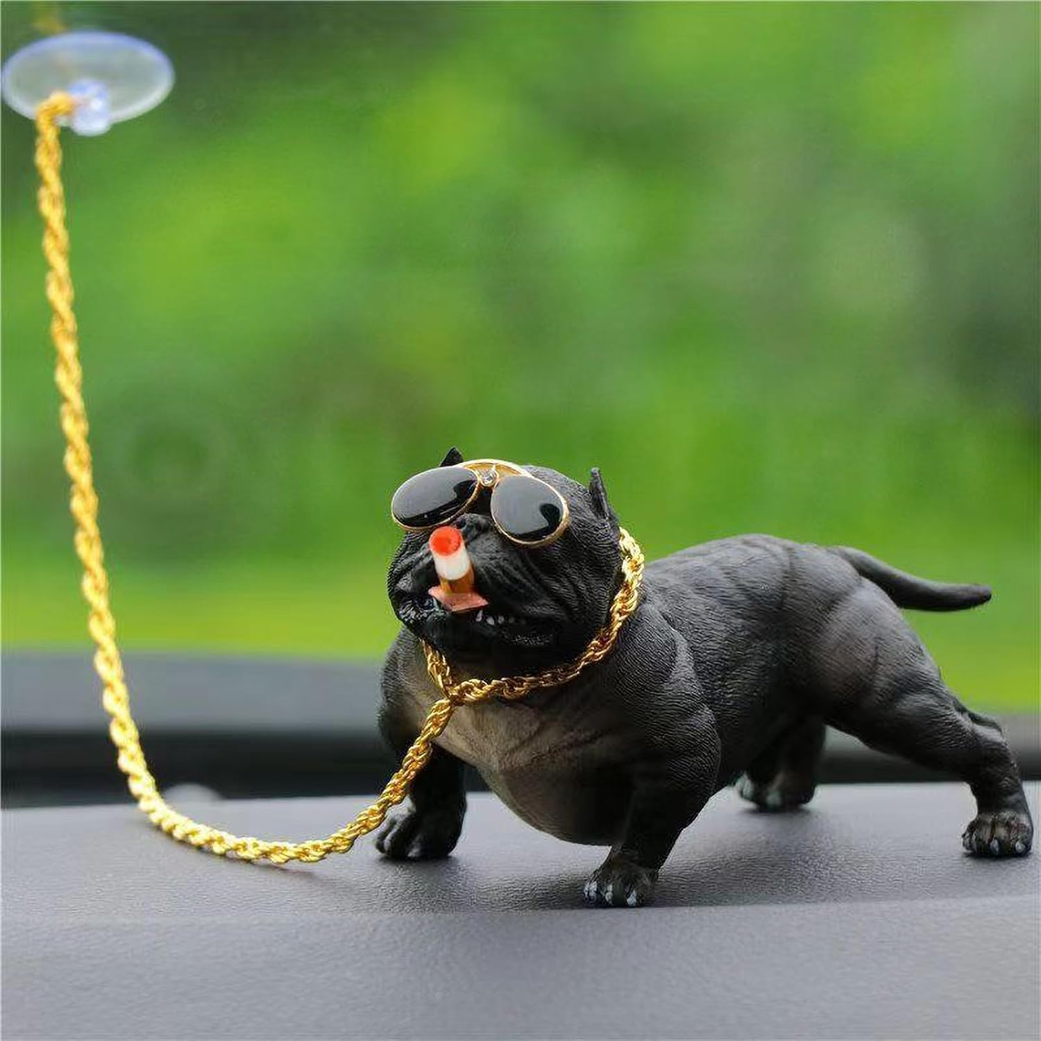 Bulldog Car Accessory, Resin Statue with Non-Slip Mat & Gold Chain, Black, Car Decoration, Home Decor, Fish Tank Ornament