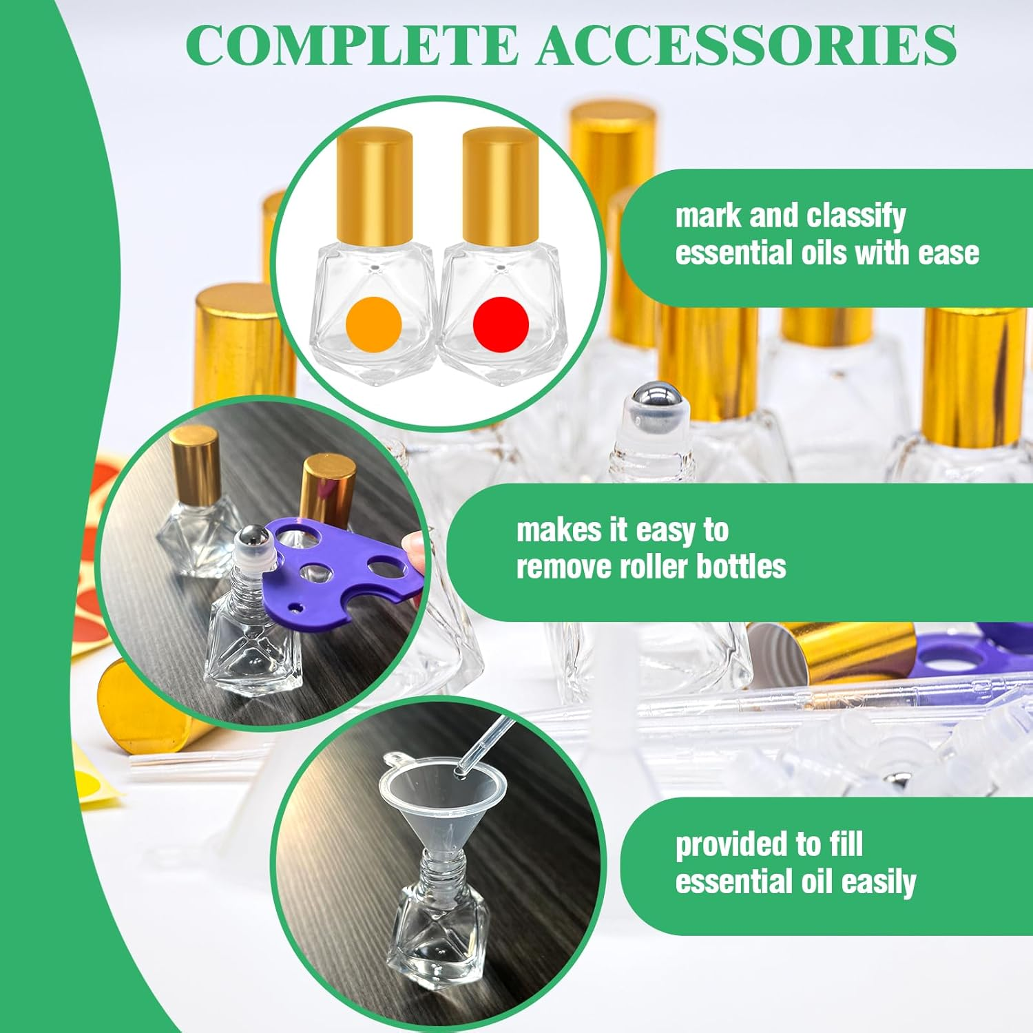 Yauhar 30Pcs 8Ml/0.27Oz Travel Essential Oil Roll on Bottle with Stainless Steel Ball Gold Cap Set Contains Polygonal Clear Glass Roller Bottle, Openers, Droppers, Funnels and Labels image number 3